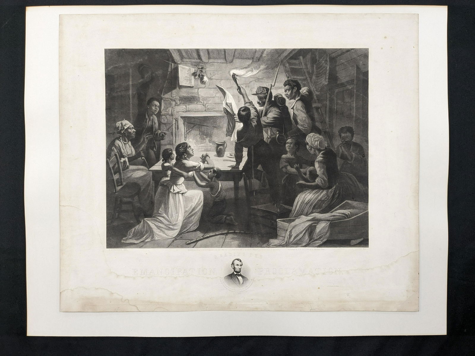 Reading the Emancipation Proclamation. 1864 mezzotint. J. W. Watts after Herrick. Water stain along (1 of 7)