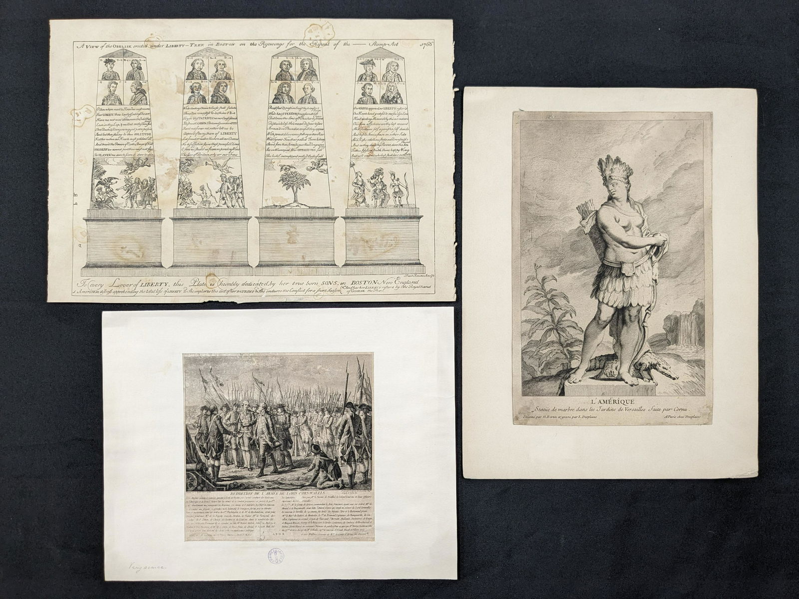 Americana. 3 prints. To include: 1) Antique reproduction print after Paul Revere showing the Obelisk (1 of 6)