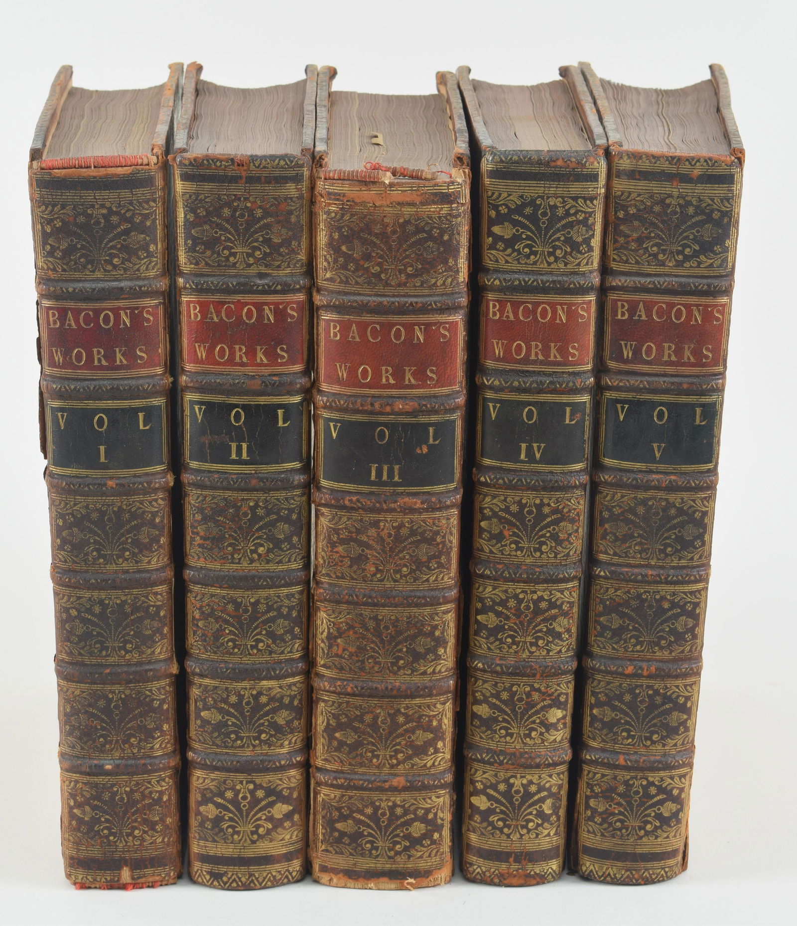 Works of Sir Francis Bacon, 5 vol. set. London: A. Millar, 1765. Quarto. Full leather binding with (1 of 8)