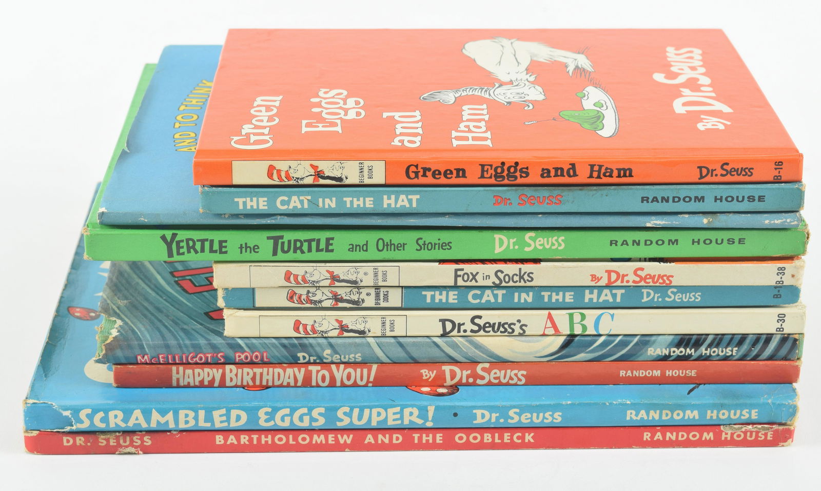 Lot of 11 Dr. Seuss books. To include: possible first of Cat in the Hat, McElligot's Pool with dust (1 of 18)