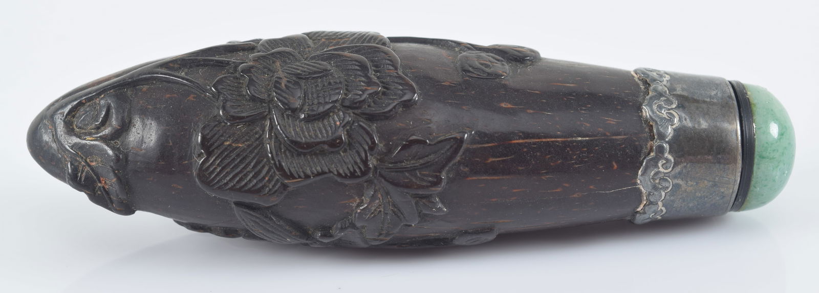 Coconut snuff bottle. China. 19th century. Surface carved with a butterfly and flowers. Silver (1 of 6)
