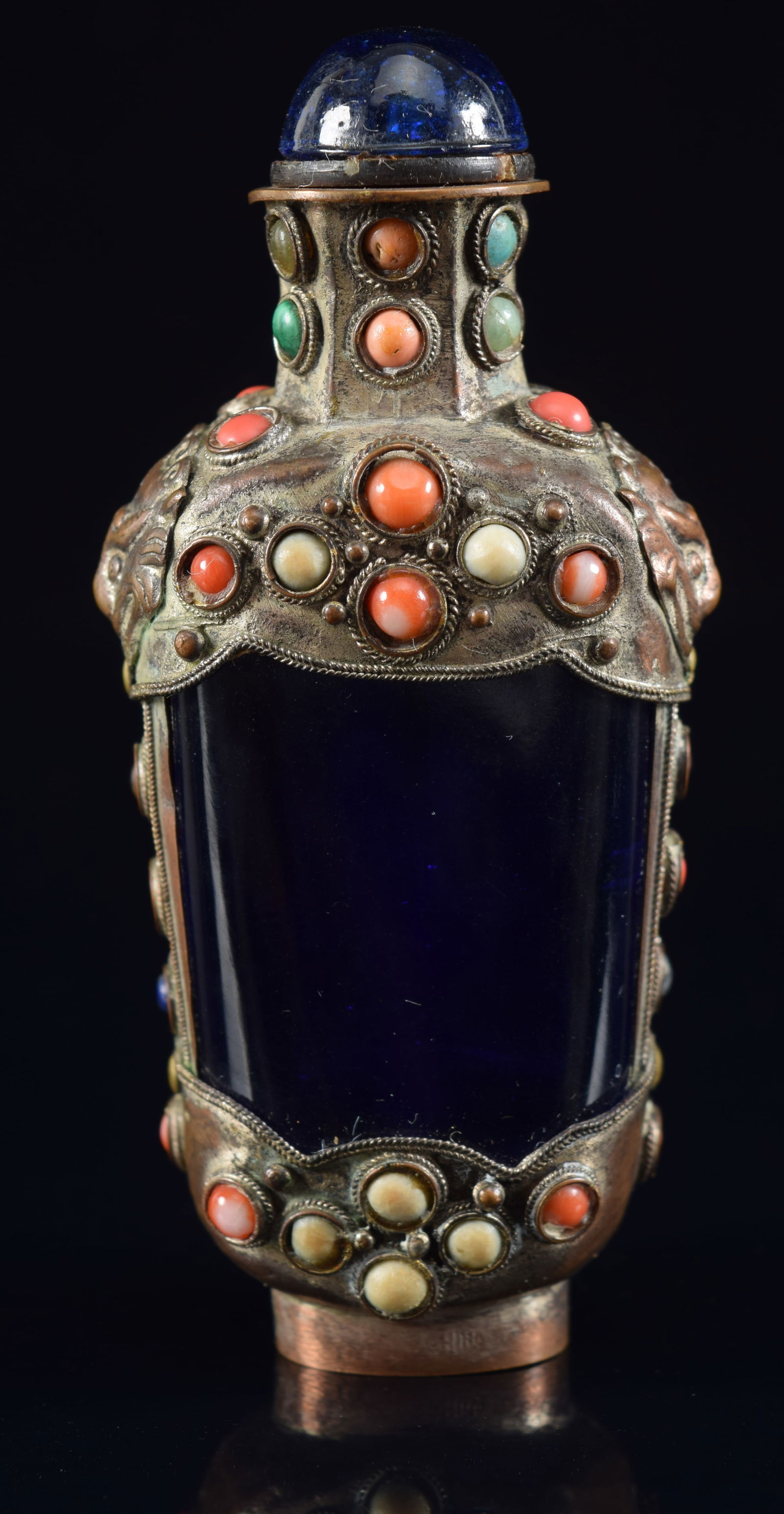 Mongol style snuff bottle. China. 19th/early 20th century. Blue glass mounted in silvered copper set (1 of 6)