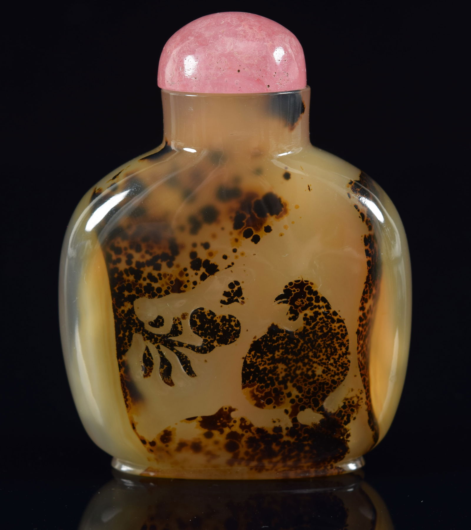 Shadow agate snuff bottle. China. 19th century. Surface carved with a rooster and butterfly. 2.25in (1 of 6)