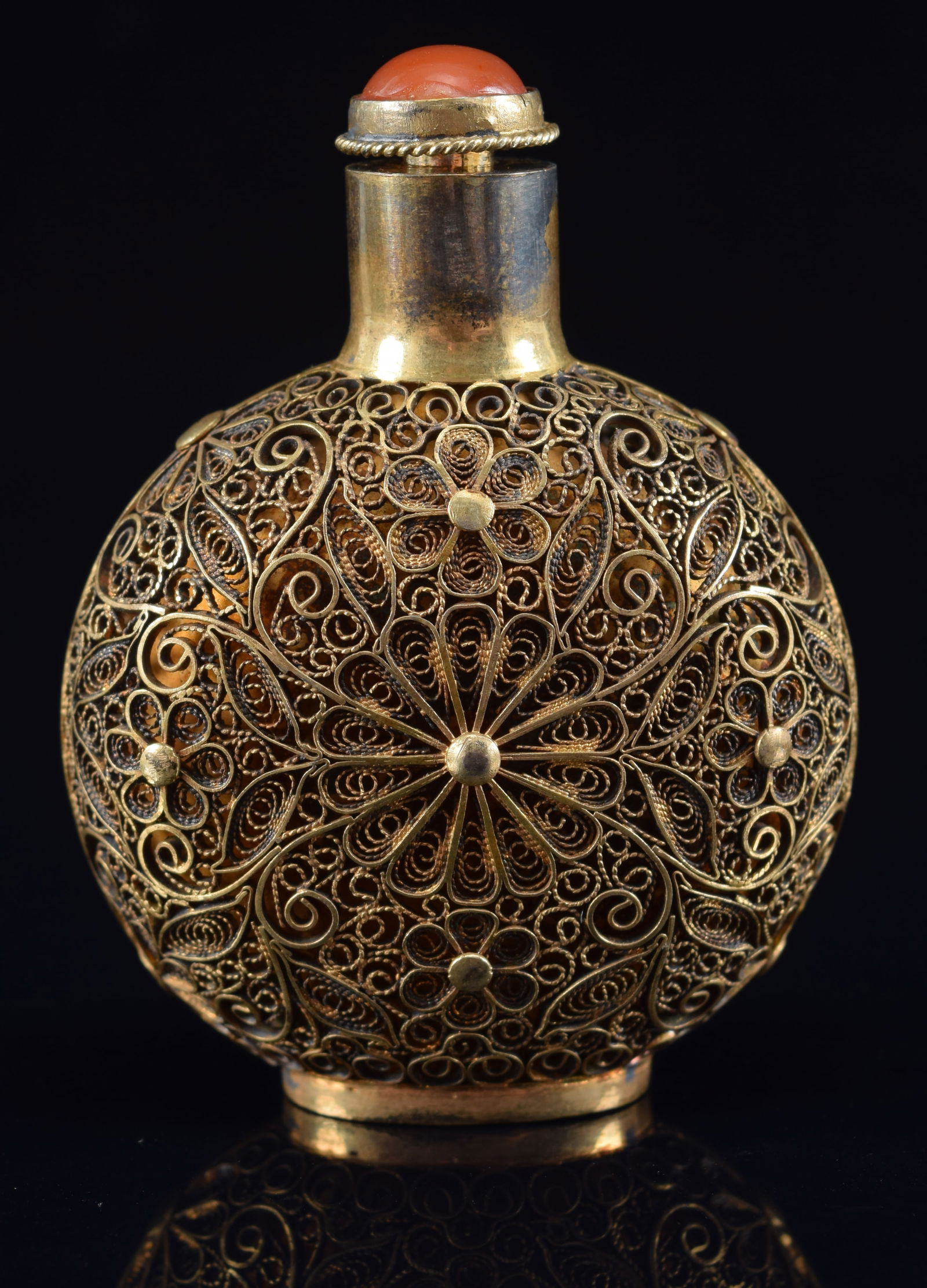 Gilt filigree silver snuff bottle. China. 19th century. Floral decoration. Carnelian stopper. 2.5in (1 of 6)
