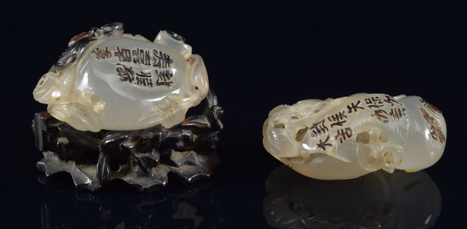 Pair of agate carvings. China. 18th century. Grey highly translucent stone carved with insects, (1 of 7)