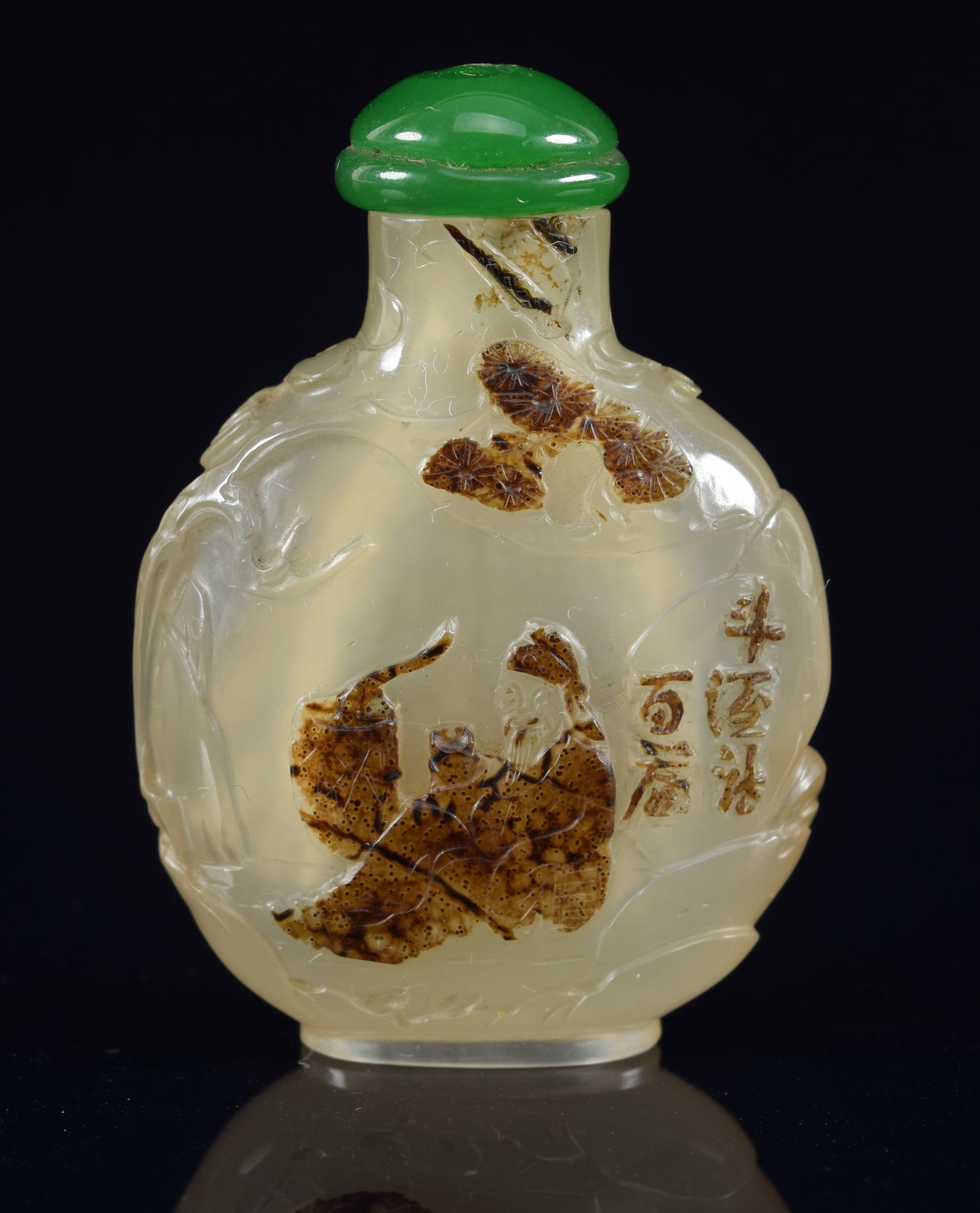 Shadow agate snuff bottle. China. 19th century. Surface carved in relief with Li Po and an (1 of 6)