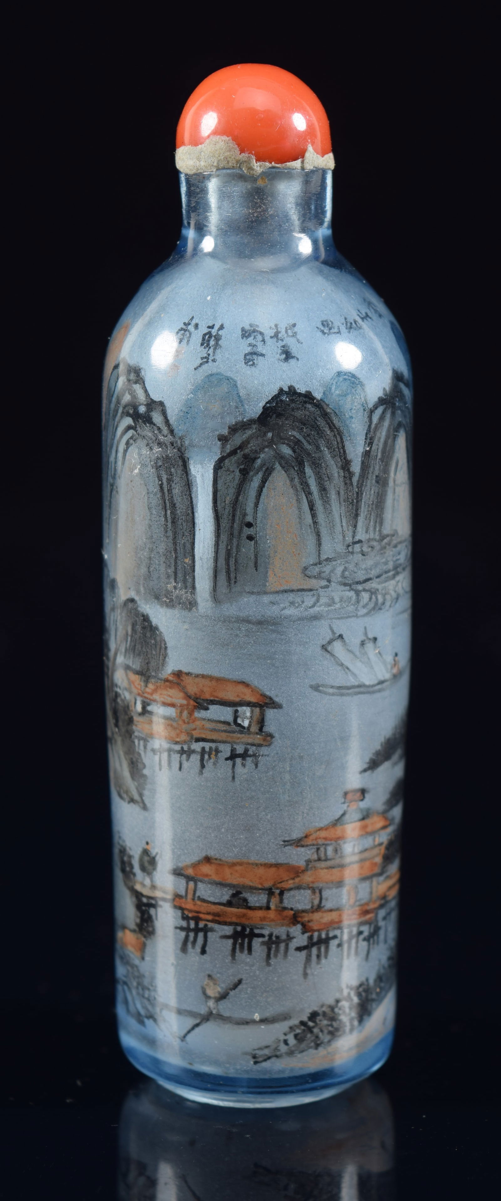 Interior painted blue glass snuff bottle. Cylindrical form. China. Early 20th century. Landscape. (1 of 9)