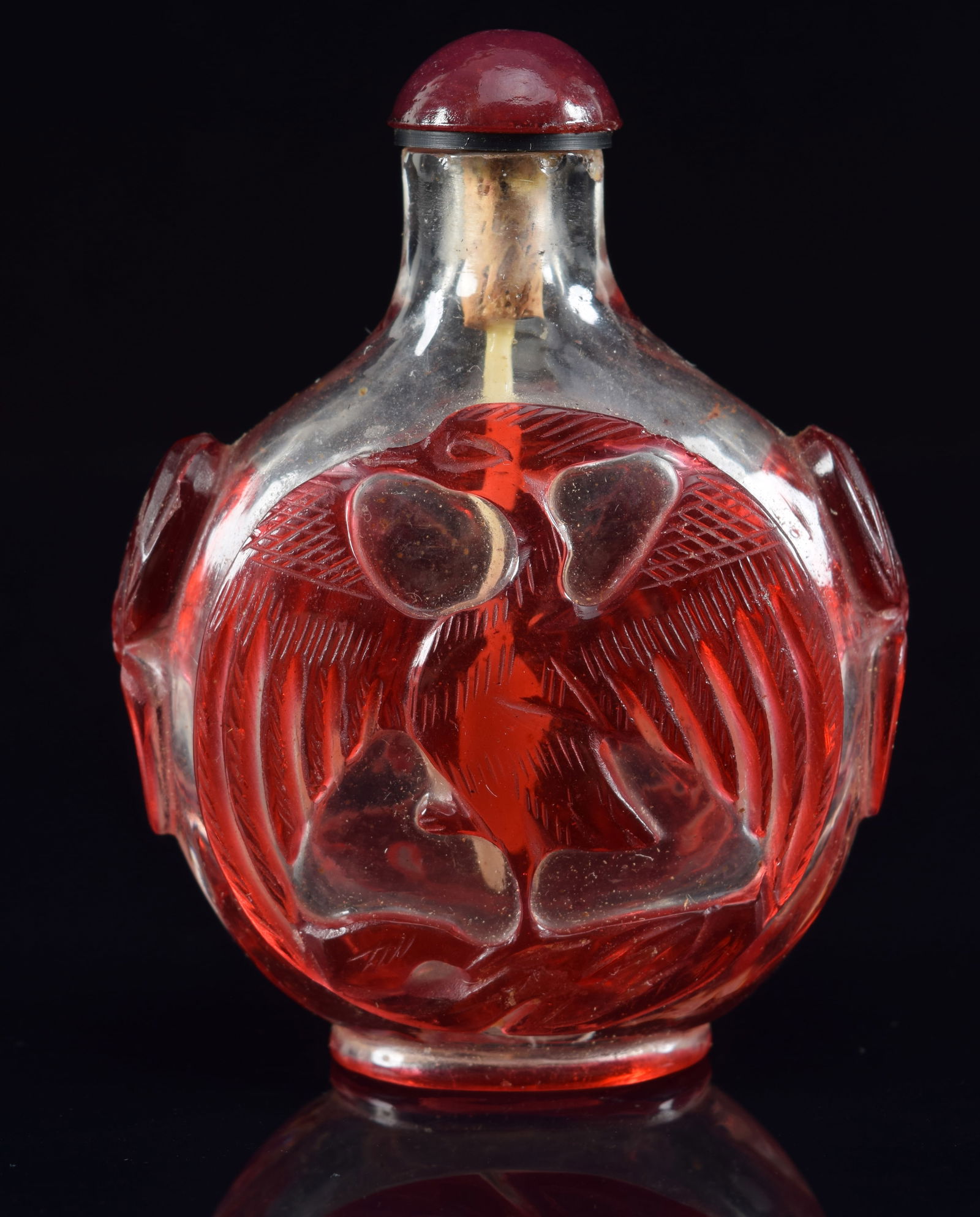 Cameo glass snuff bottle. China. 19th century. Red cut to clear. Phoenix roundel. 2.75in H. (1 of 7)
