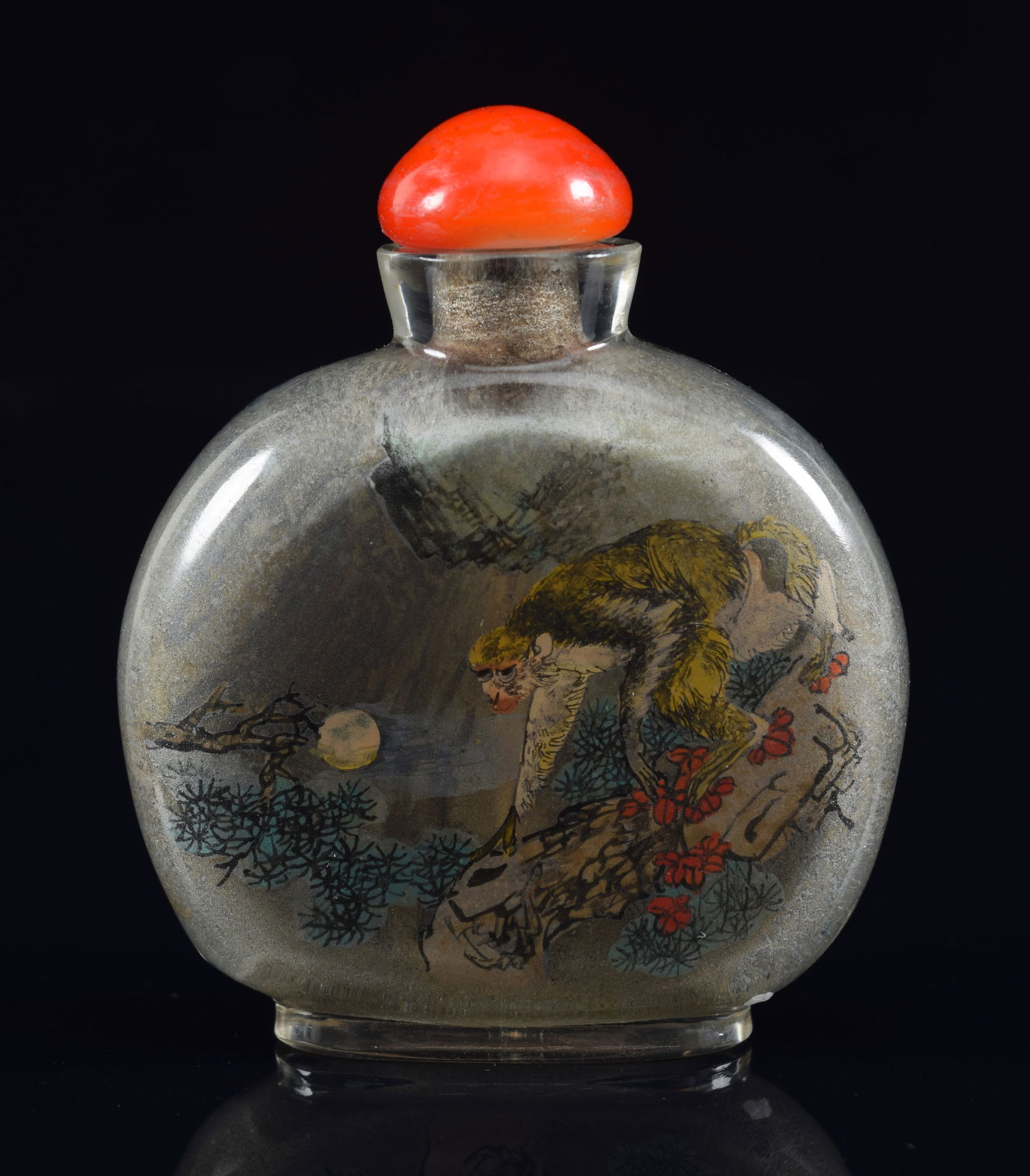 Interior painted snuff bottle. China. Early 20th century. Smoky crystal (?). Scene of the monkey and (1 of 6)