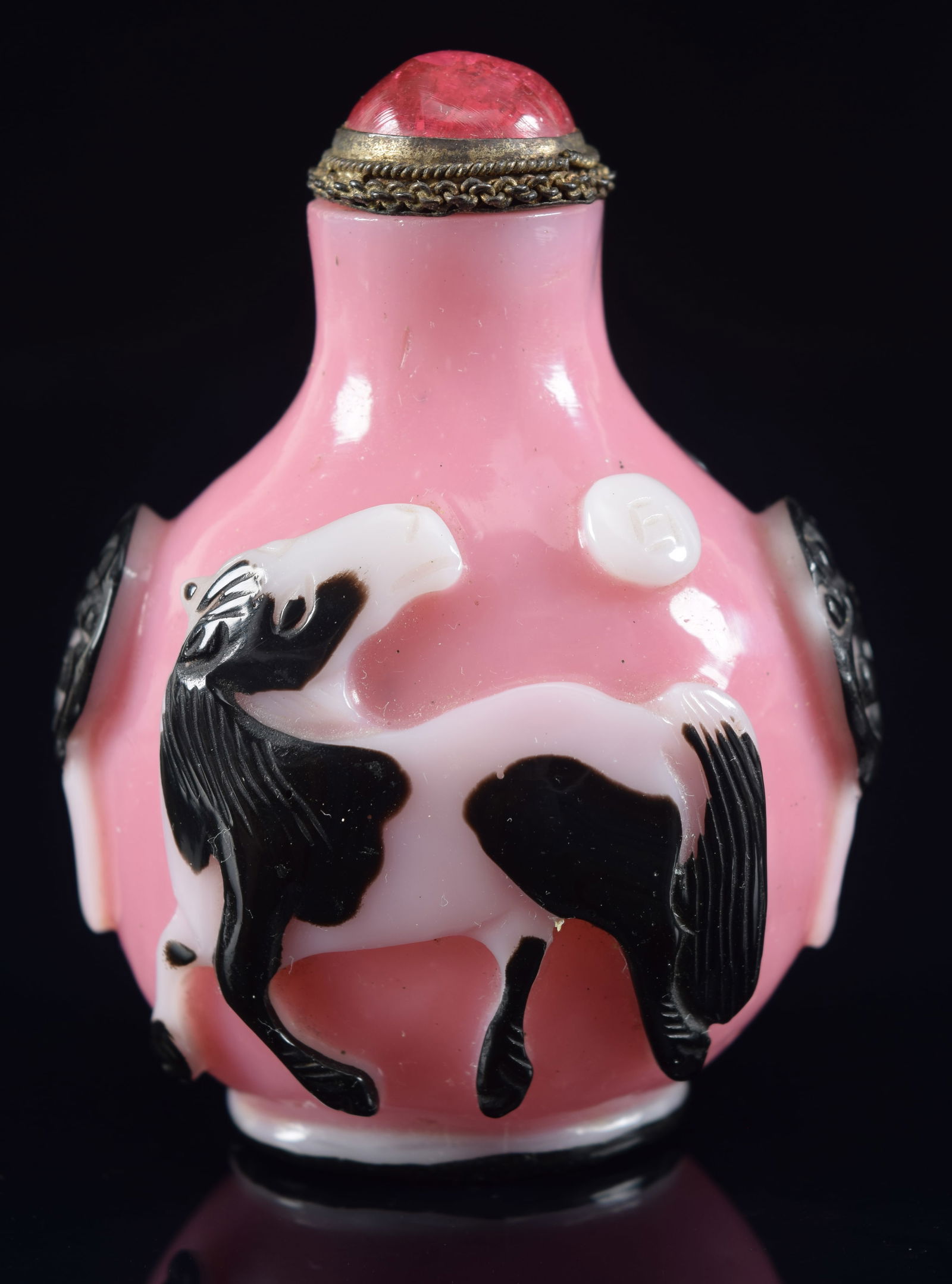 Cameo glass snuff bottle. China. 19th century. 3 colors: pink, black and white carved with horses. (1 of 6)