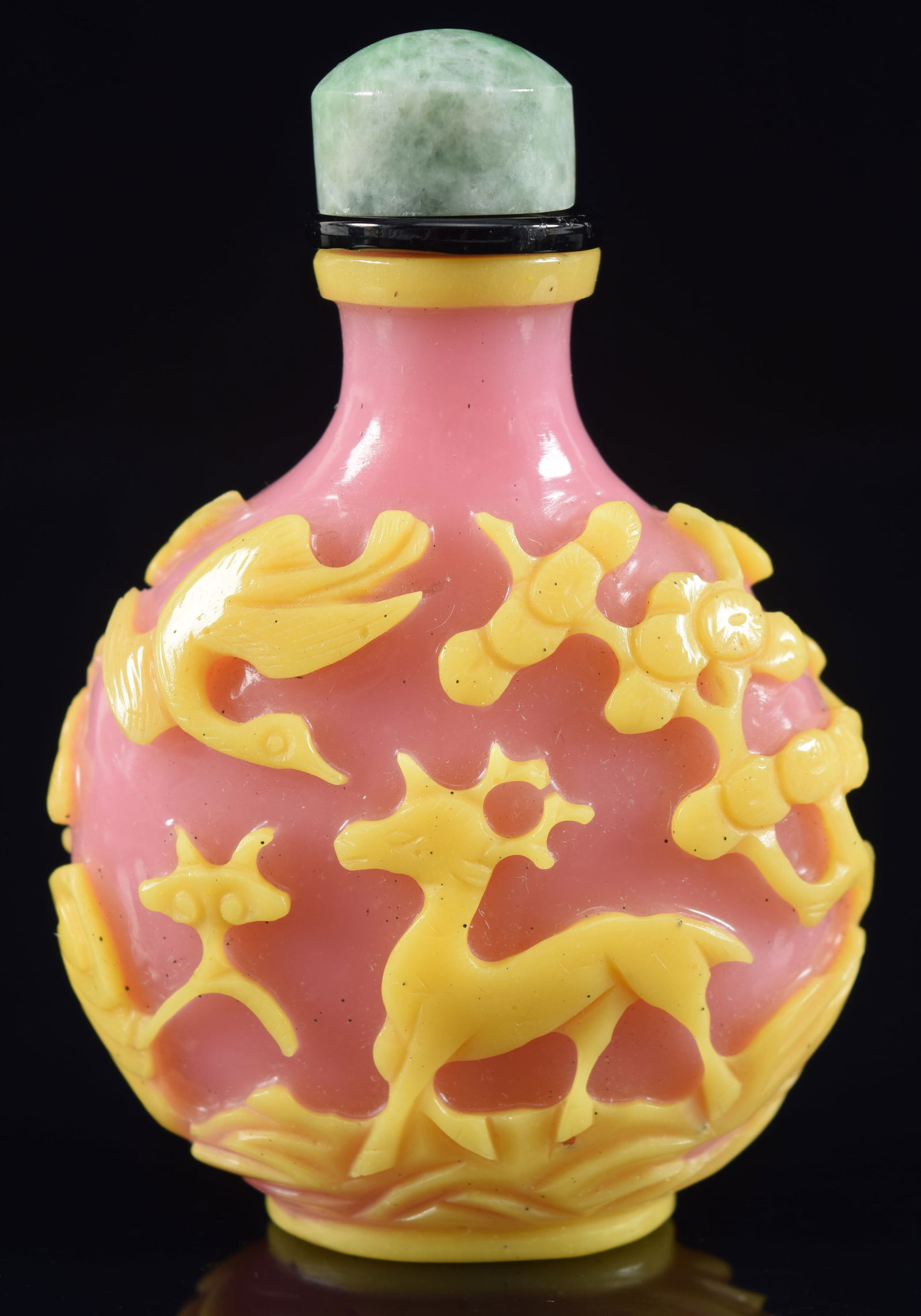 Peking glass snuff bottle. China. 19th century. Cameo cut to yellow and pink. Carving of auspicious (1 of 6)