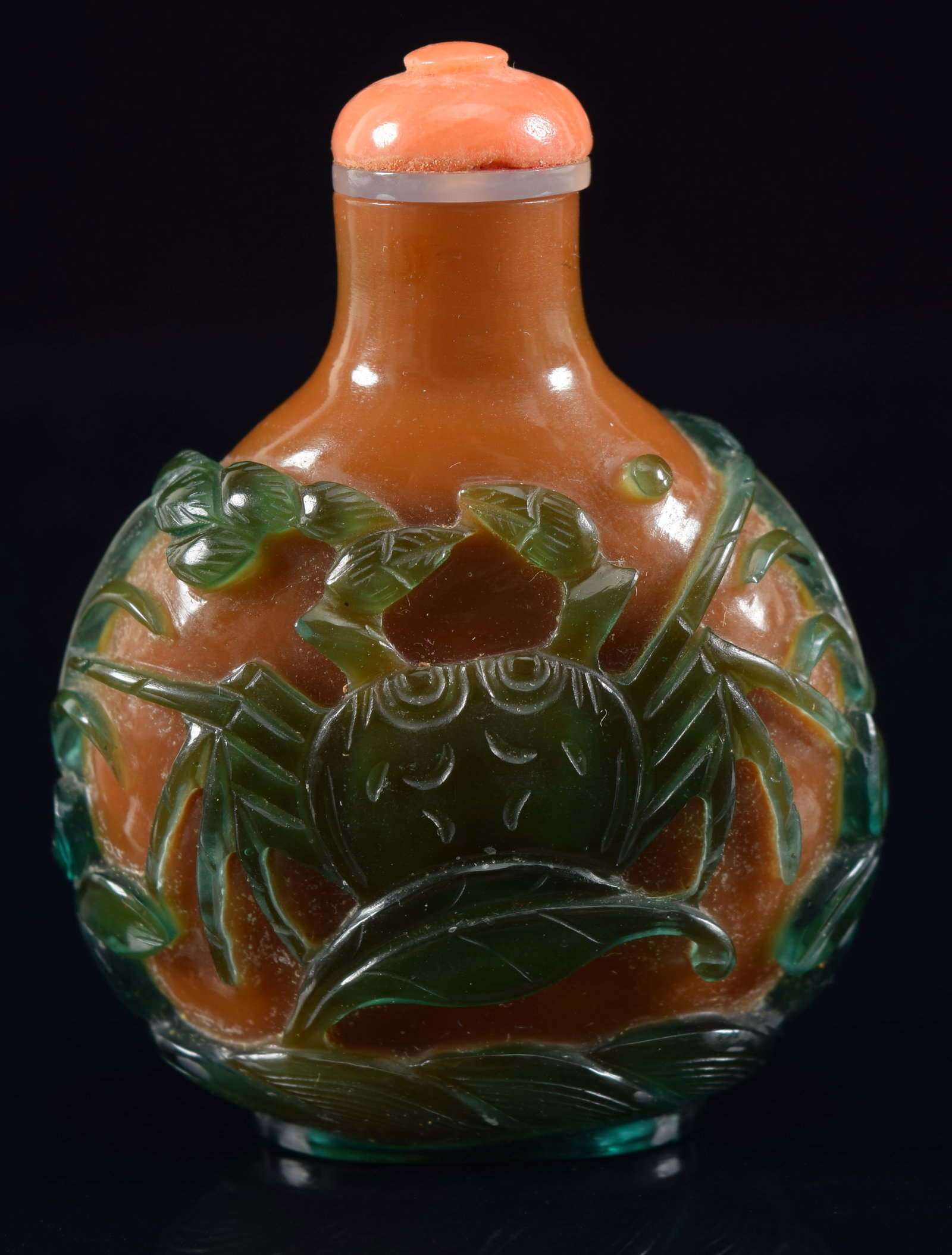 Peking glass snuff bottle. China. 19th century. Cameo cut teal green to amber. Carved with crabs. (1 of 6)