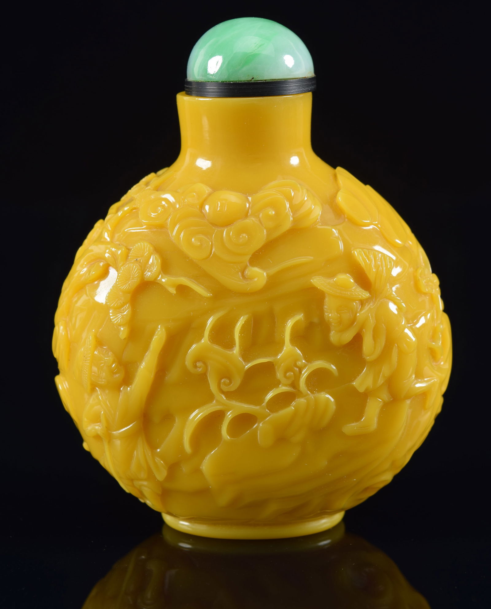 Peking glass snuff bottle. China. 18th/19th century. Imperial yellow color. Surface carved with a (1 of 6)