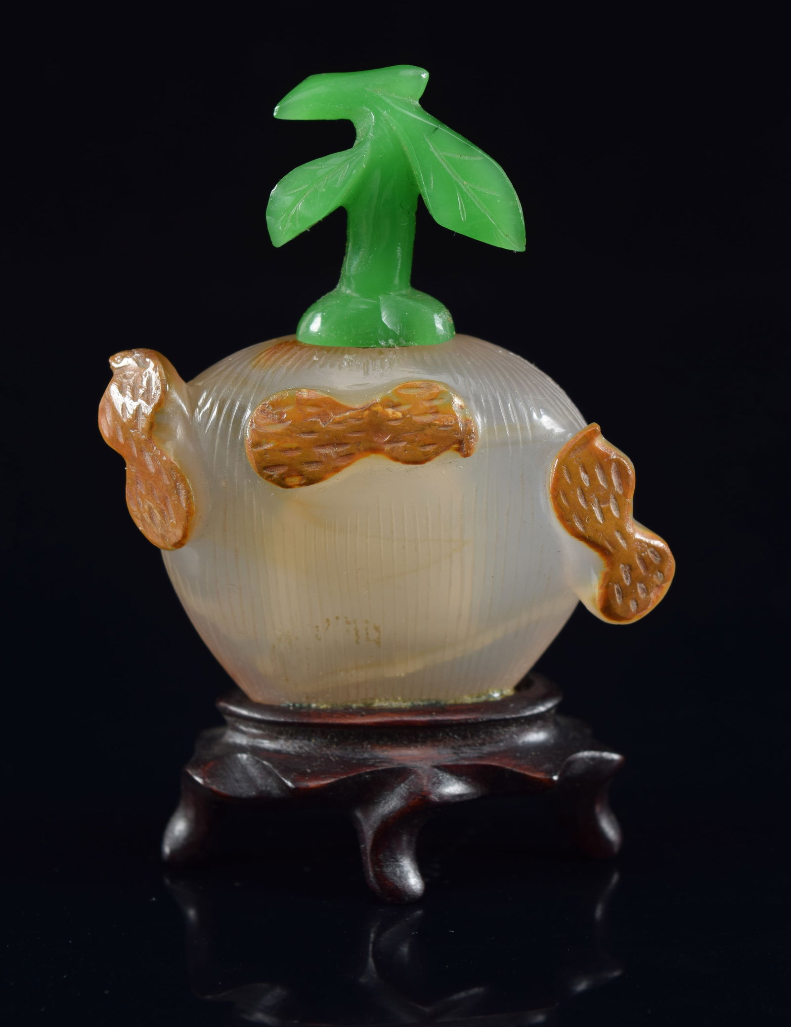 Agate snuff bottle. China. 19th century. Carved as fruit and peanuts. Green glass foliate stopper. (1 of 5)