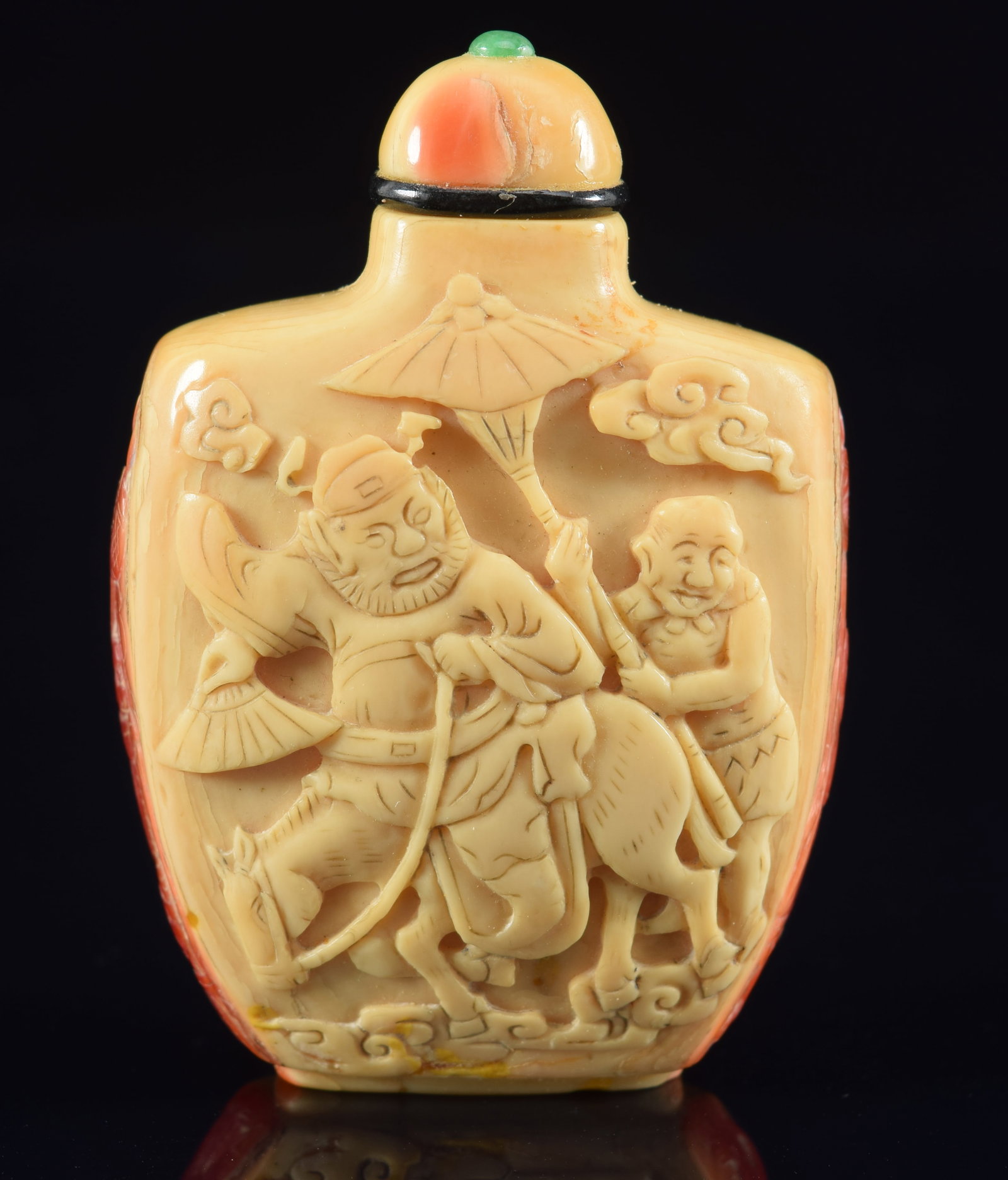 Hornbill snuff bottle. China. 19th century. Decoration of Shuko and demons. Matching stopper. 2.5in: Hornbill snuff bottle. China. 19th century. Decoration of Shuko and demons. Matching stopper. 2.5in H. Provenance: The Mitchell Bistany Collection.