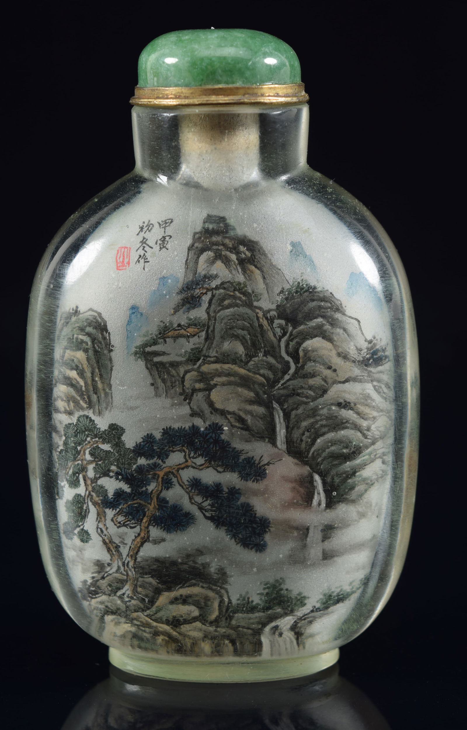 Interior painted snuff bottle. China. Cyclical dated (1914). Flawless rock crystal. Finely painted (1 of 7)