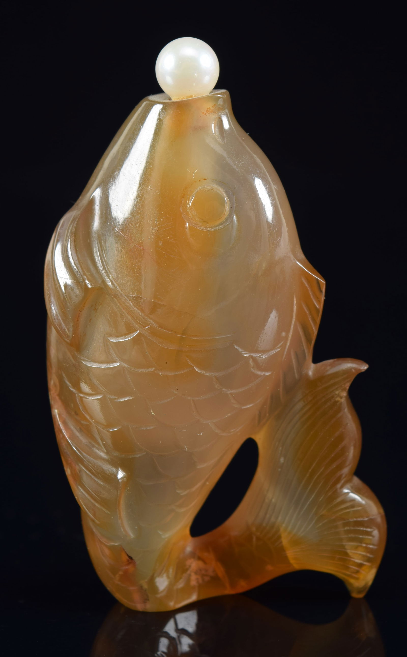 Agate snuff bottle carved in the form of a fish. China. 19th century. Pearl stopper. 2.5in H. (1 of 6)