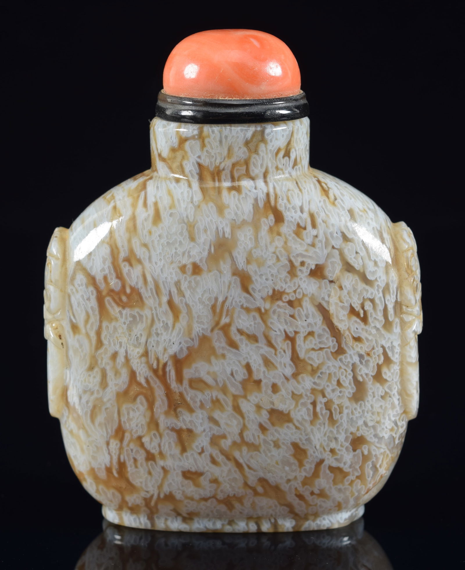 Agate snuff bottle. China. 19th century. Well hollowed. Coral topper. 3in H. Provenance: The (1 of 6)