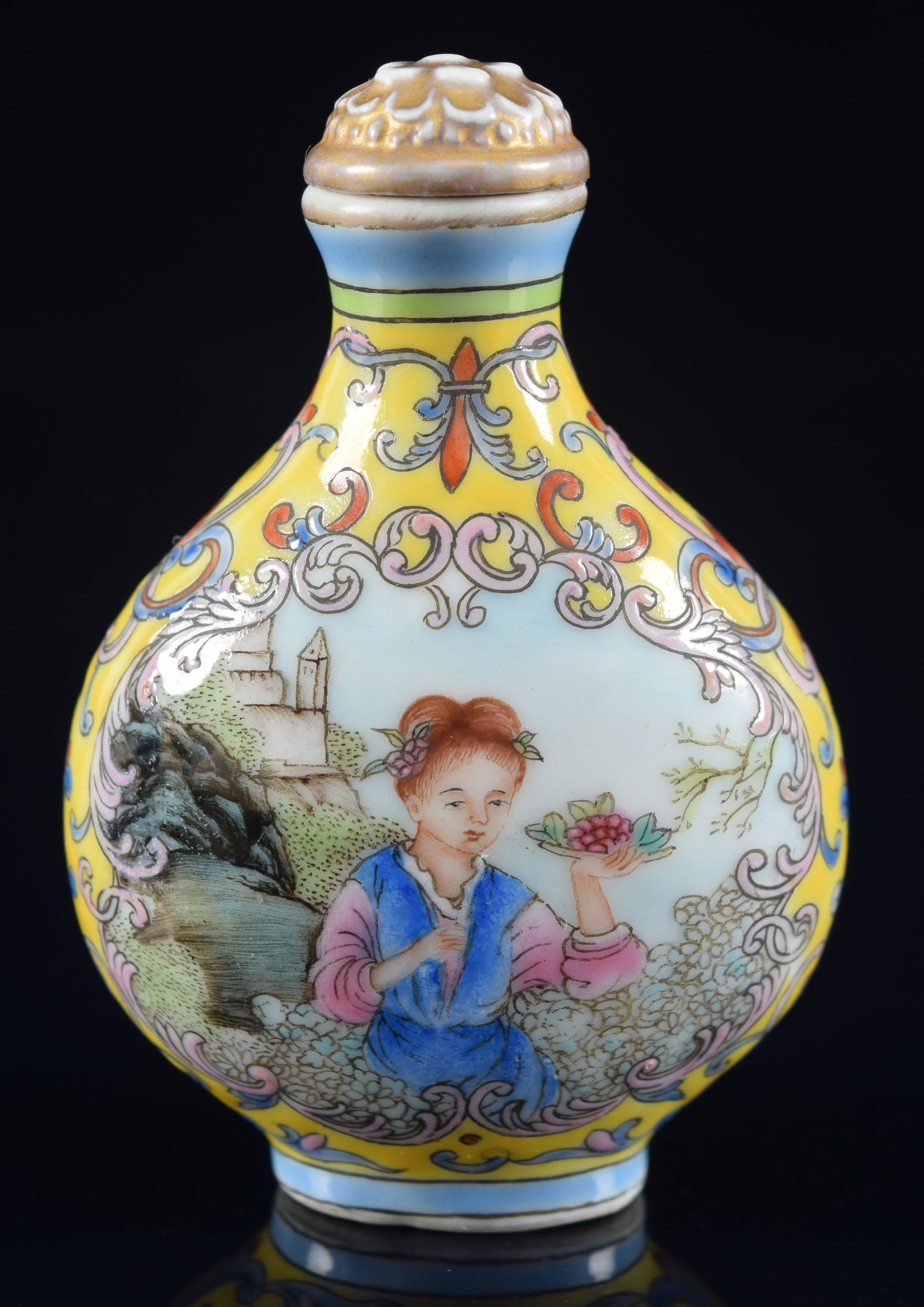 Porcelain snuff bottle. China. Ca. 1900. European subject matter. Chien Lung mark. 2.5in H. (1 of 6)