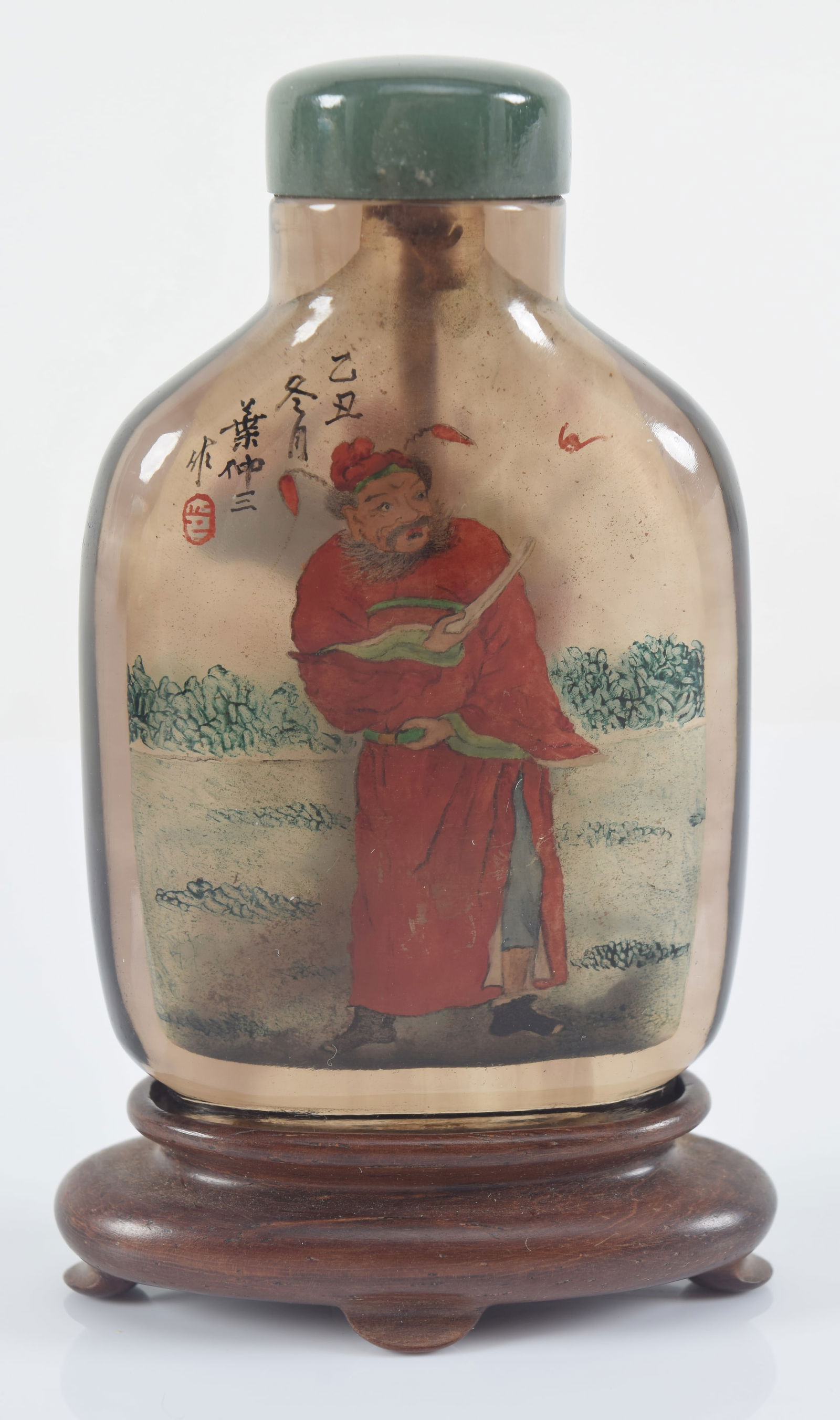 Smoky crystal interior painted snuff bottle. China. Signed Yeh Chung San. Decoration of Shuko. 2.5in (1 of 7)