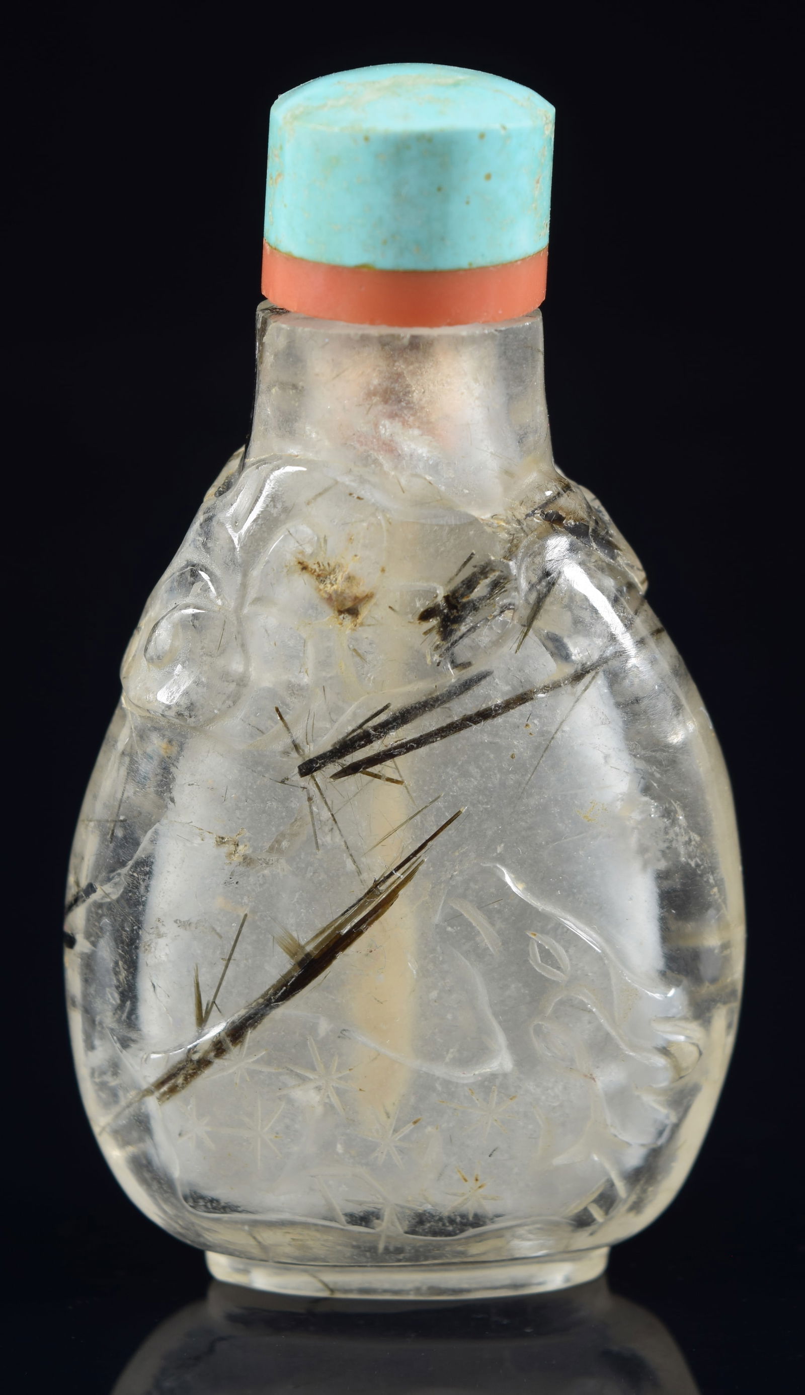 Rutilated quartz snuff bottle. China. 19th century. Surface carved with a deer and a bat. Turquoise (1 of 6)
