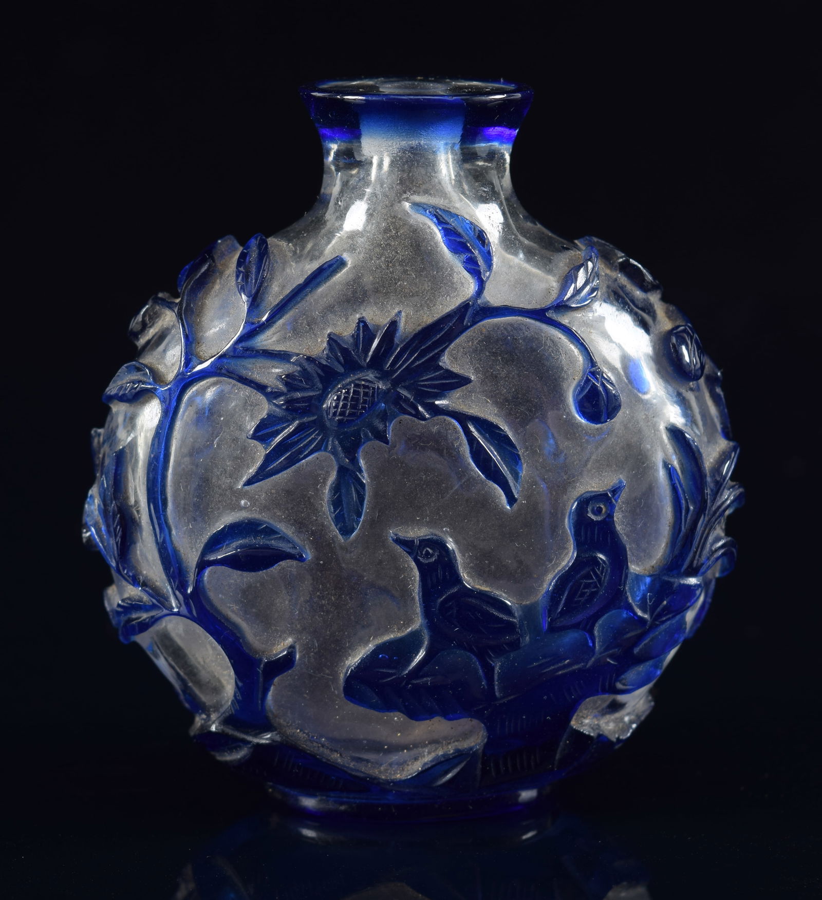 Peking glass snuff bottle. China. 19th century. Cameo cut sapphire blue to clear with phoenixes and (1 of 6)