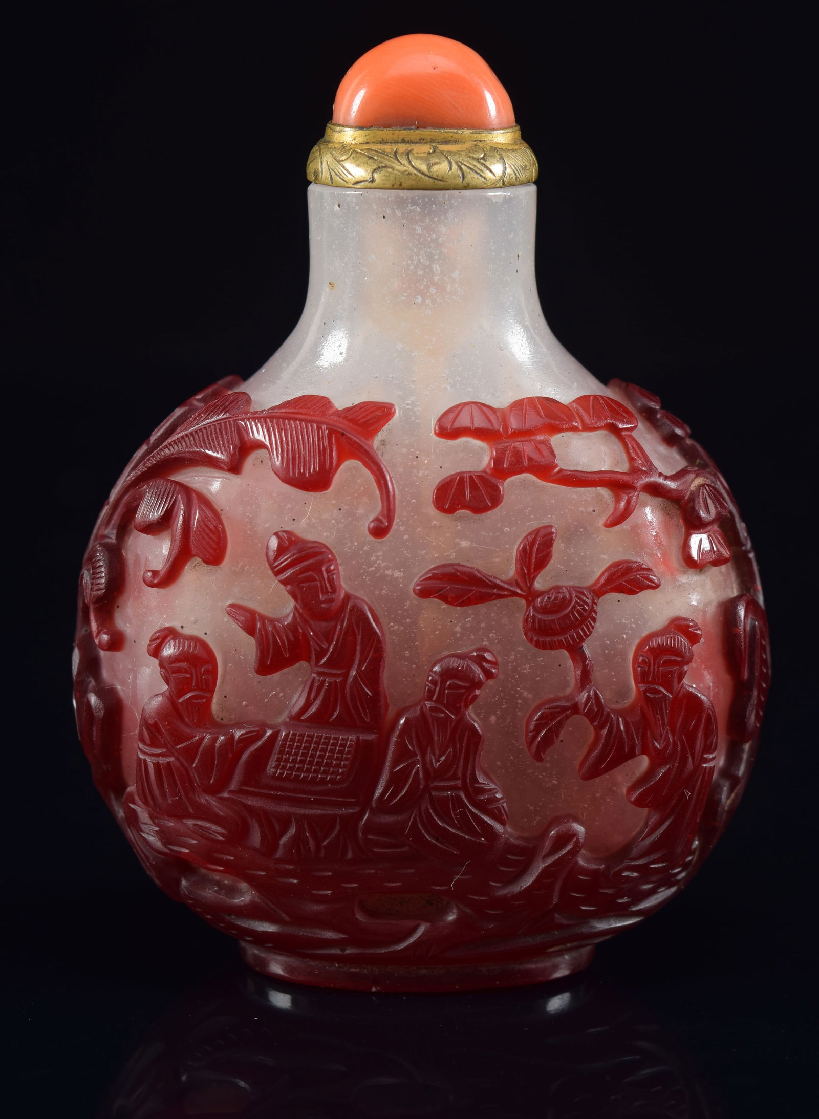 Cameo glass snuff bottle. China. 19th century. Ruby cut to snowflake with a design of the immortals (1 of 6)
