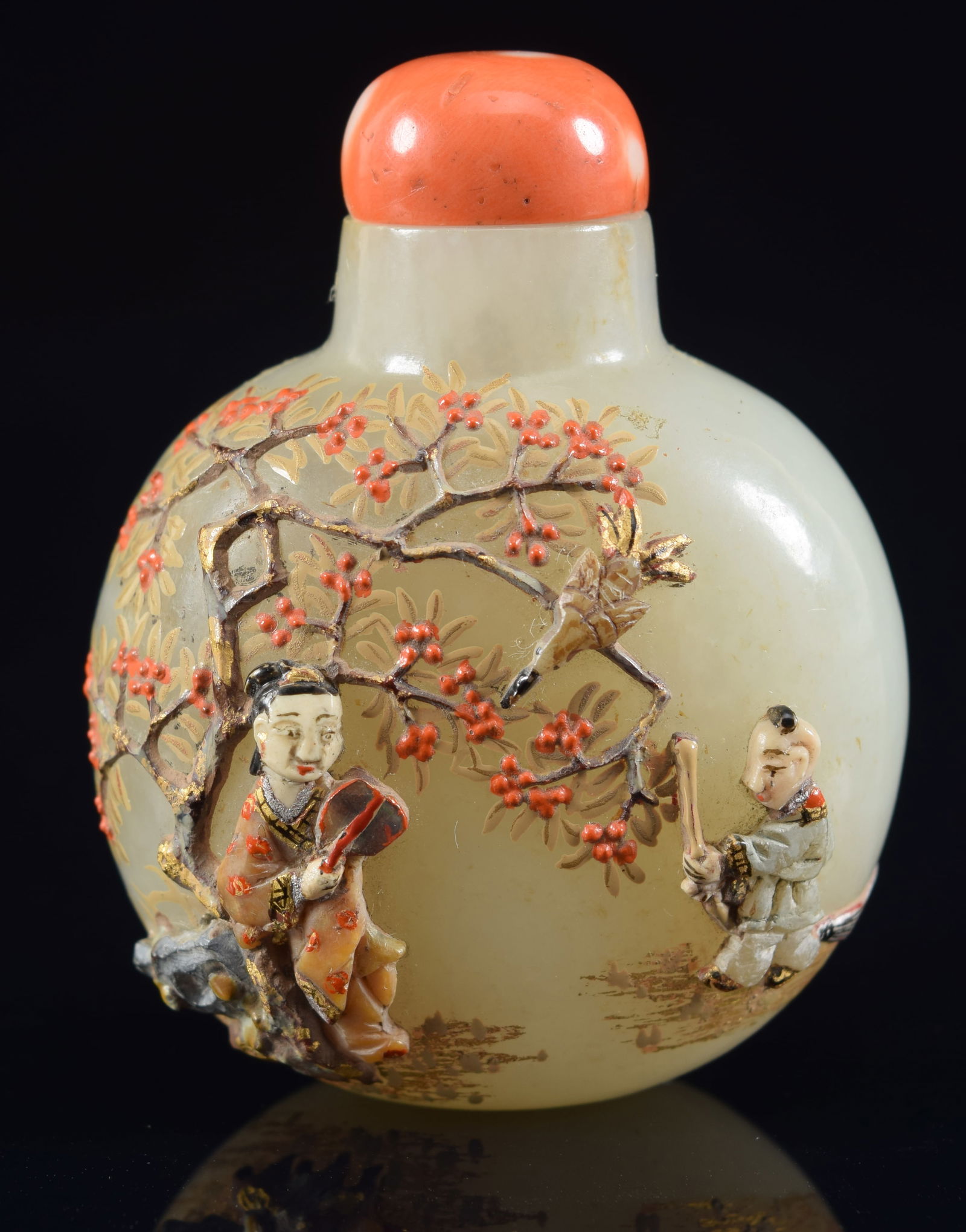 Jade snuff bottle. Early 20th century. Chinese jade bottle inlaid in Japan with lacquer and various (1 of 6)