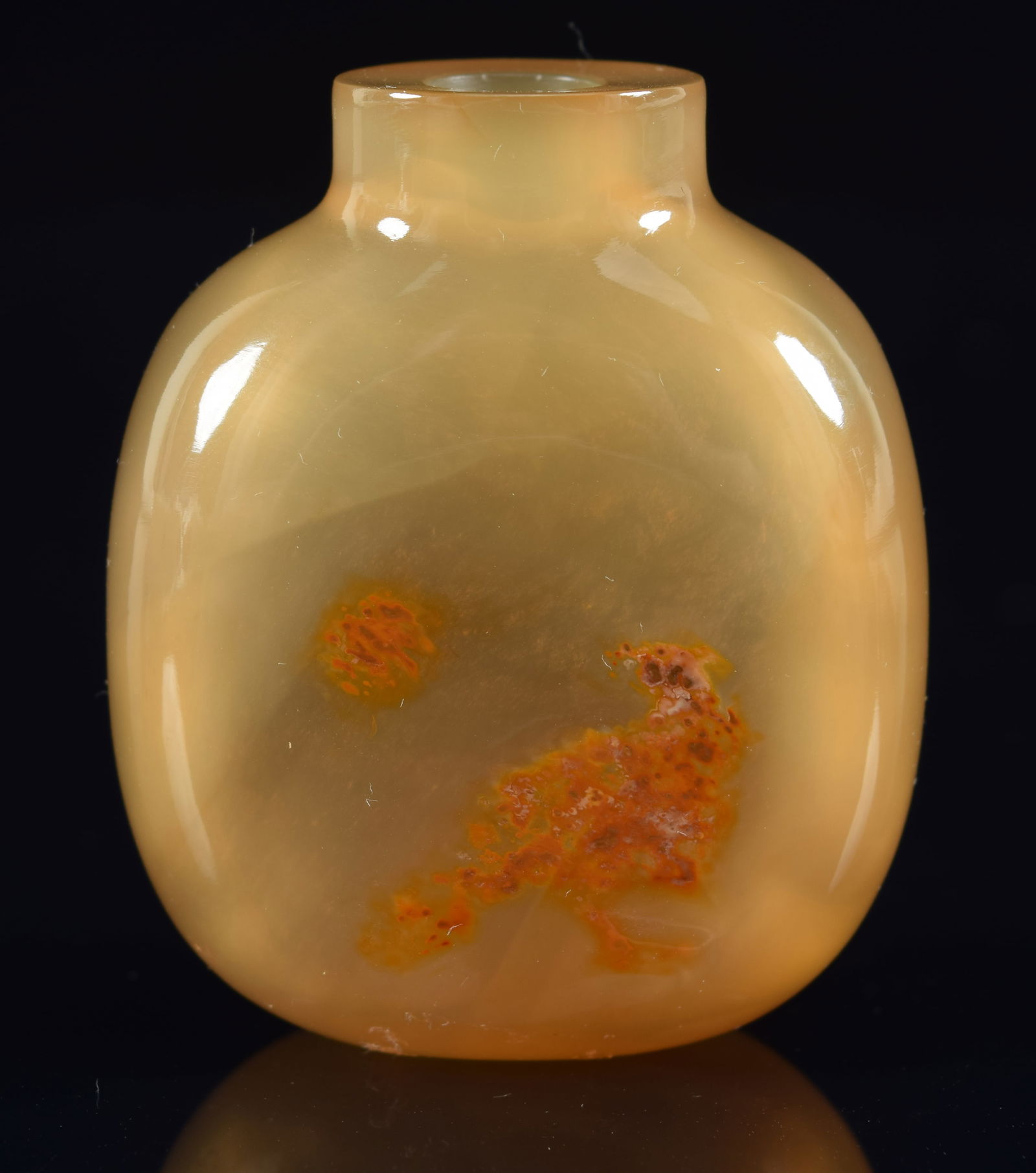 Shadow agate snuff bottle. China. 19th century. Scene of a hawk and the sun. Well hollowed. 2in H. (1 of 6)