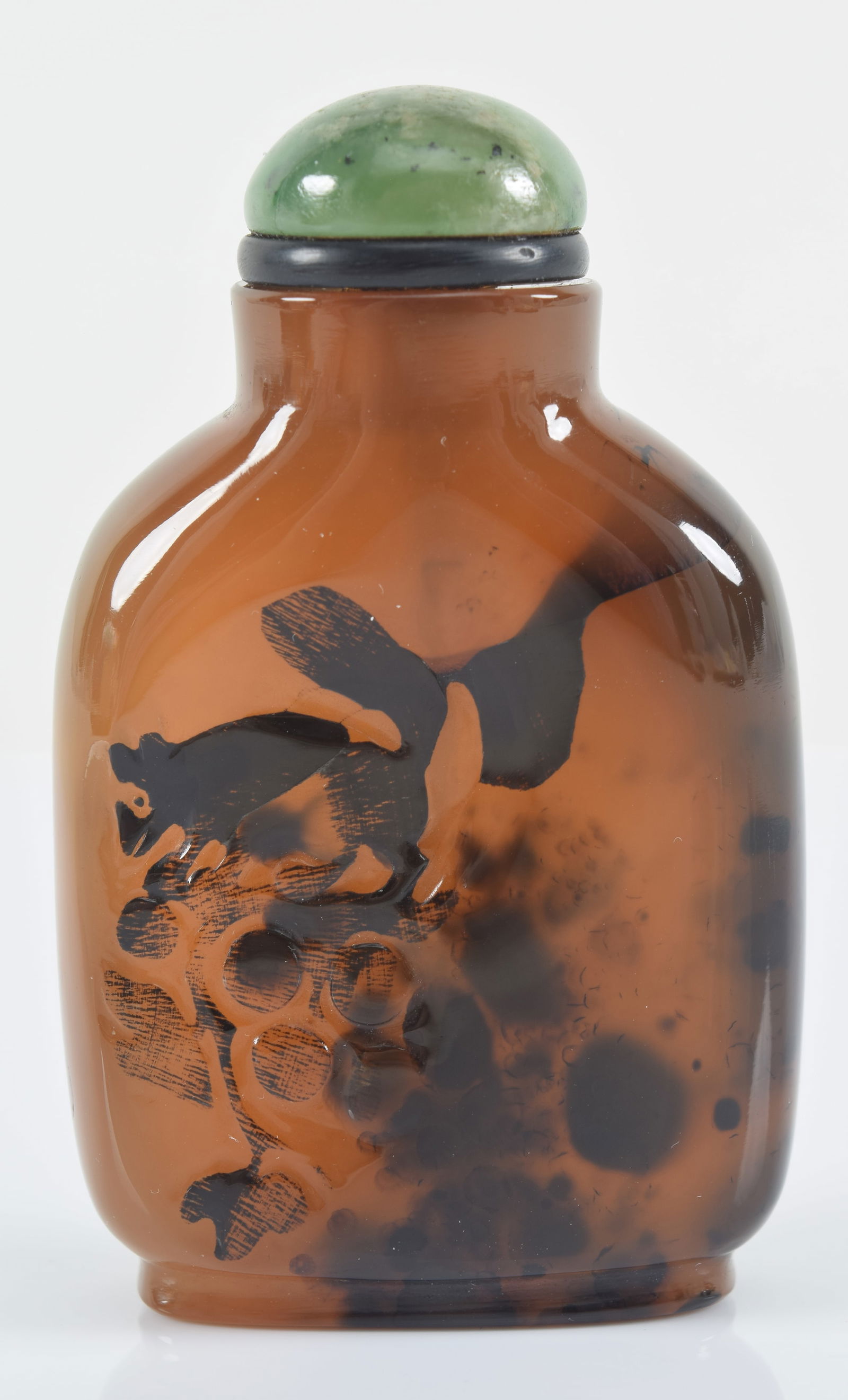 Shadow agate snuff bottle. China. 19th century. Squirrel and grape pattern. Well hollowed. Jade top. (1 of 6)