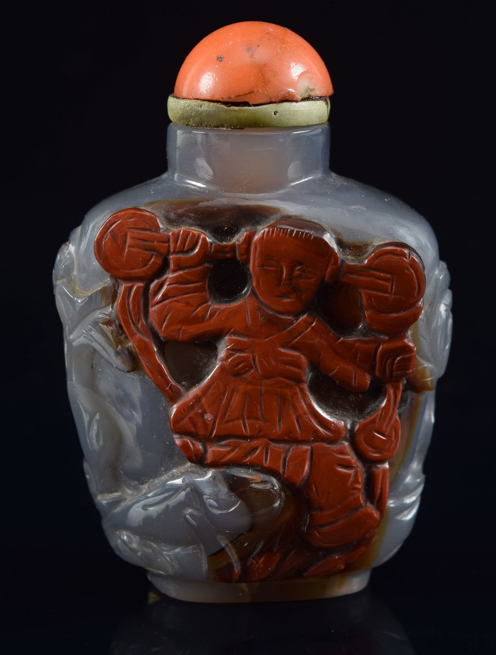 Agate cameo snuff bottle. China. 19th century. Relief carving of the Immortals. Coral stopper. 2.5in (1 of 6)