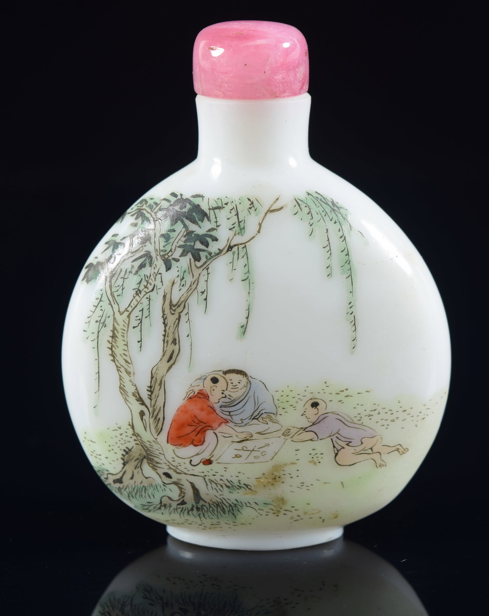 Enameled glass snuff bottle. China. Chien Lung mark and probably of the period. Scene of a gathering: Enameled glass snuff bottle. China. Chien Lung mark and probably of the period. Scene of a gathering of scholars. Tourmaline top. 2.25in H. Wear/very small flake chips around mouth, good overall condi