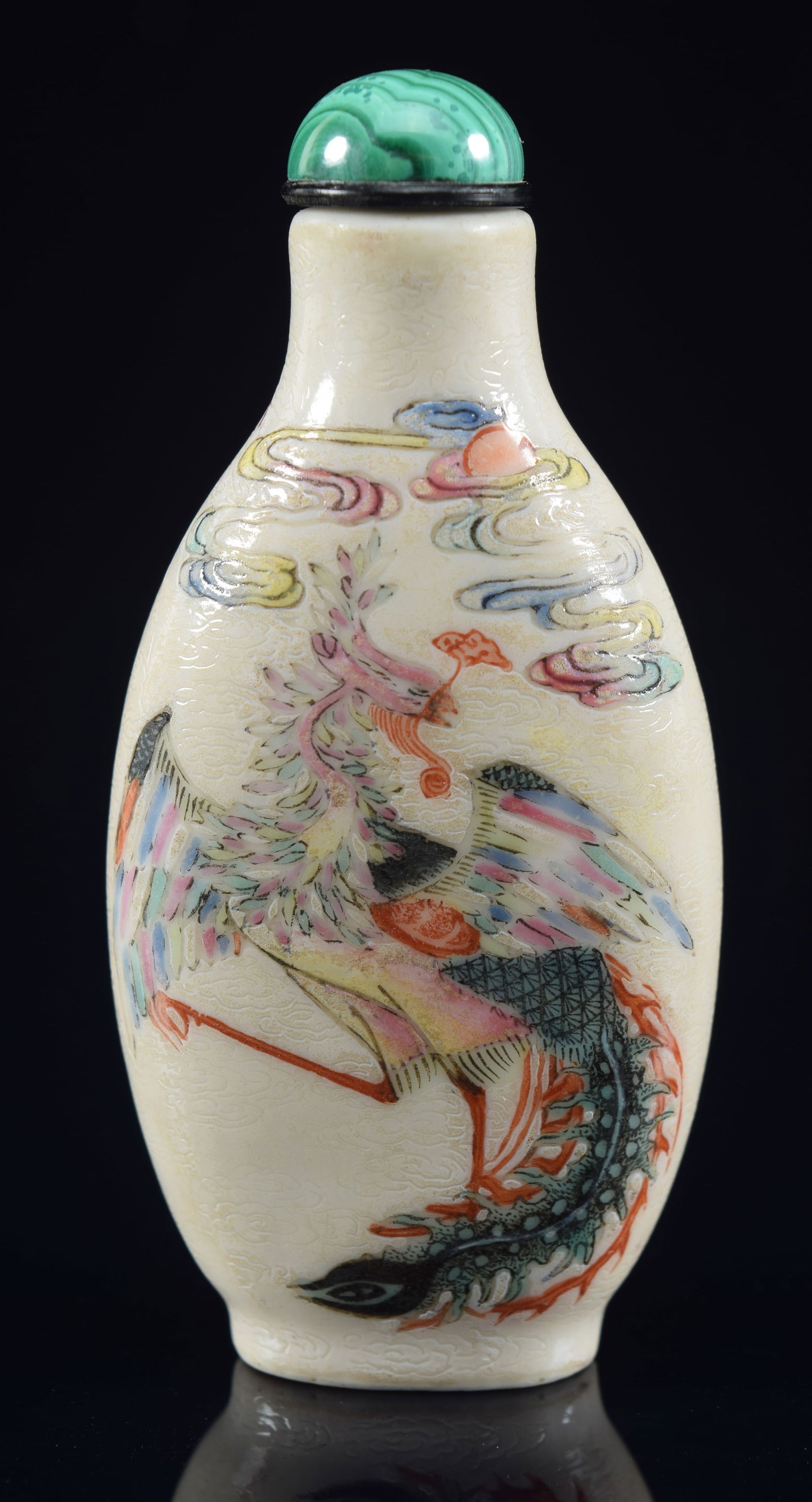 Porcelain snuff bottle. China. Hsien Feng period (1850-1860). Iron red dragons on a wave carved (1 of 6)