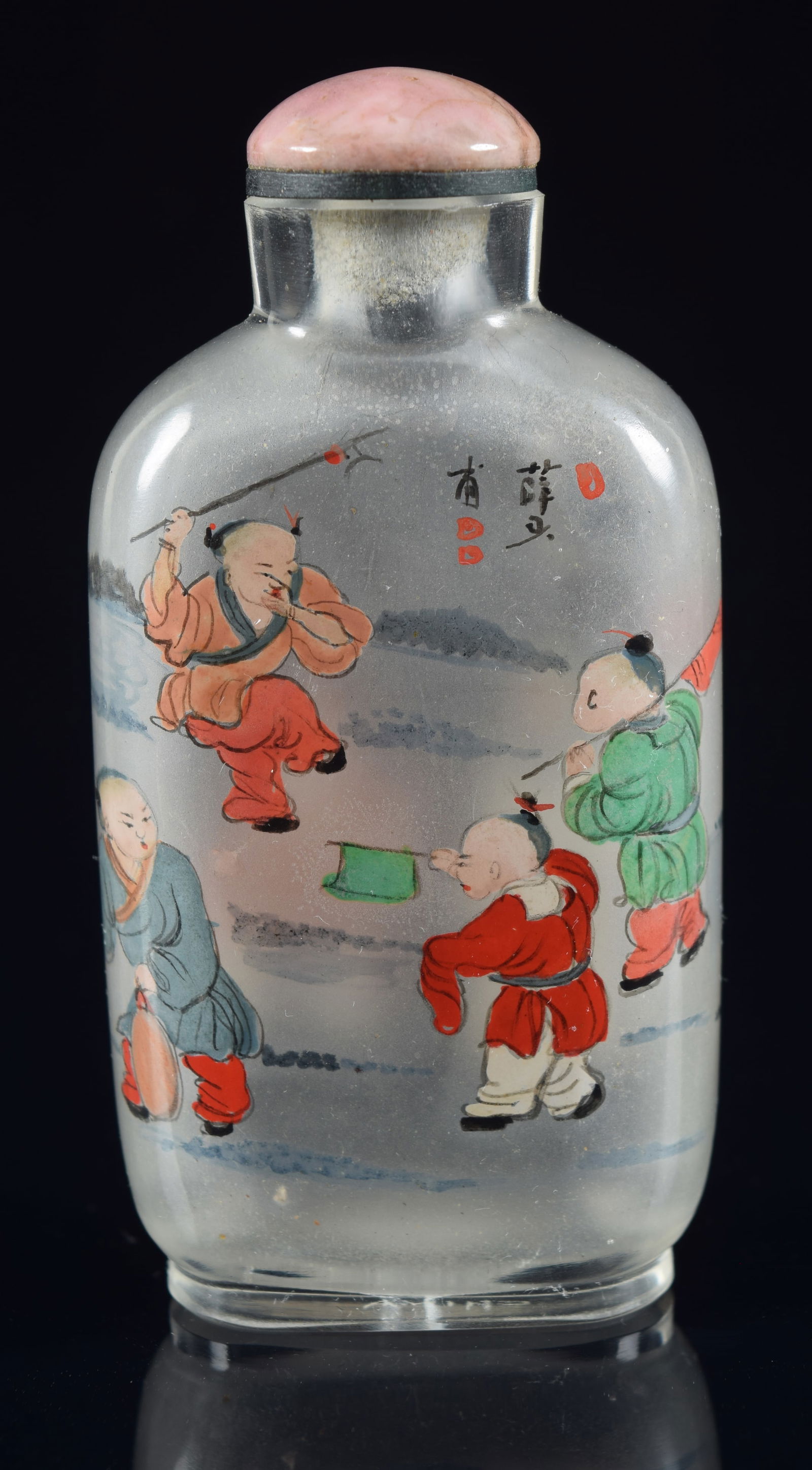 Interior painted rock crystal snuff bottle. China. Early 20th century. Children playing. 2.75in H. (1 of 7)