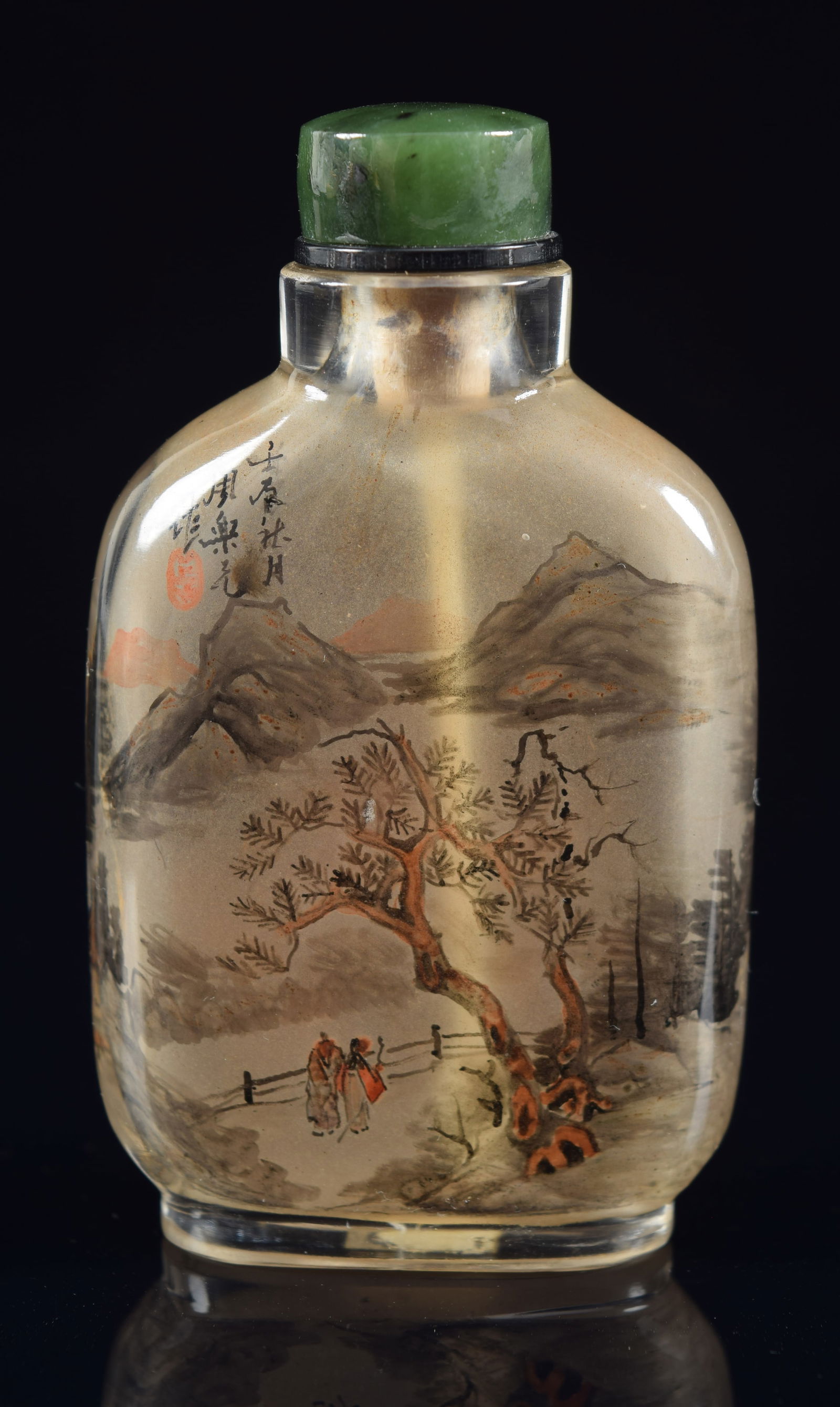 Interior painted rock crystal snuff bottle. China. Early 20th century. Signed. Scholars at a rustic (1 of 7)