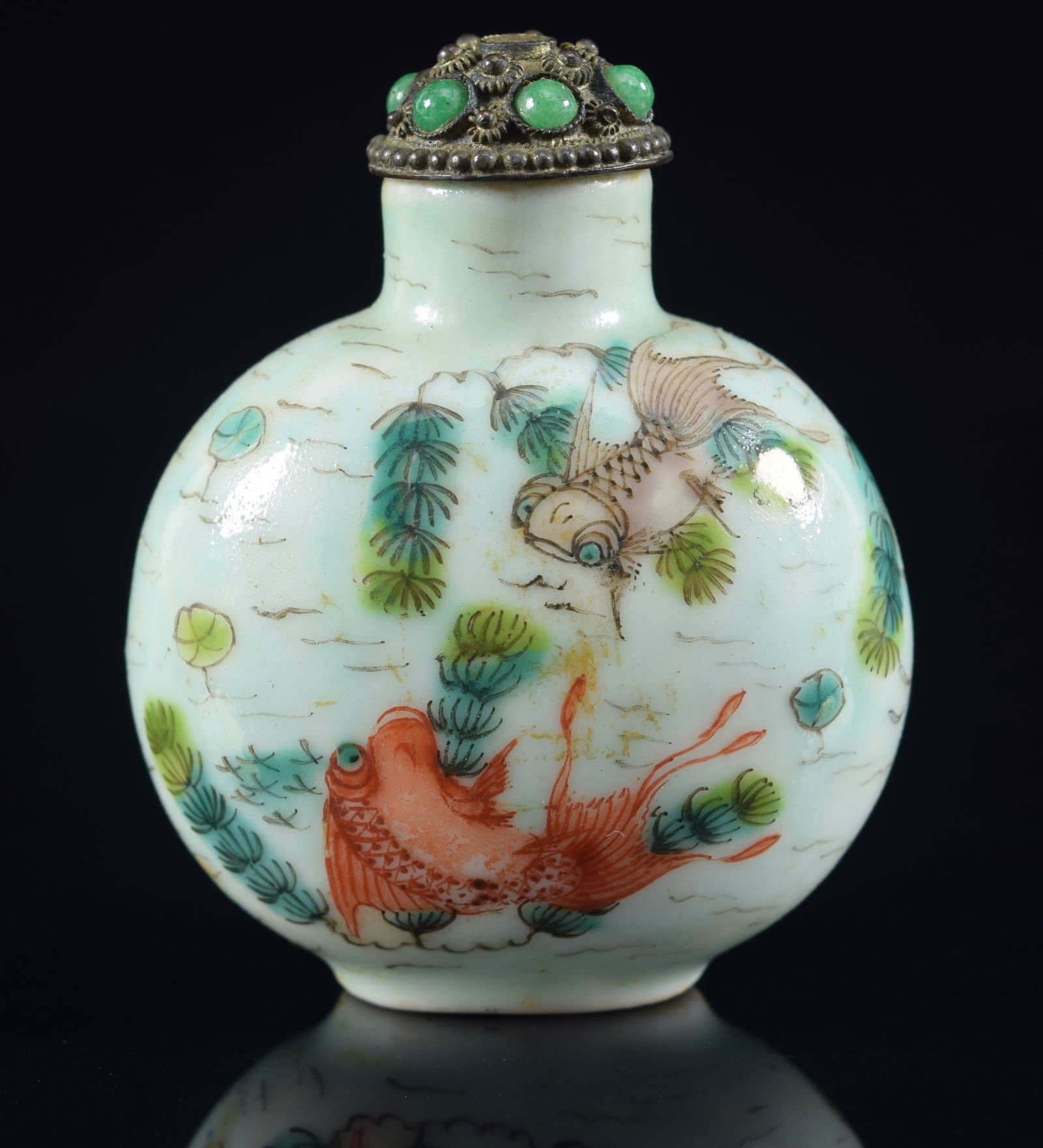 Porcelain snuff bottle. China. Ca. 1900. Famille verte decoration of fish and aquatic plants. Chien (1 of 6)
