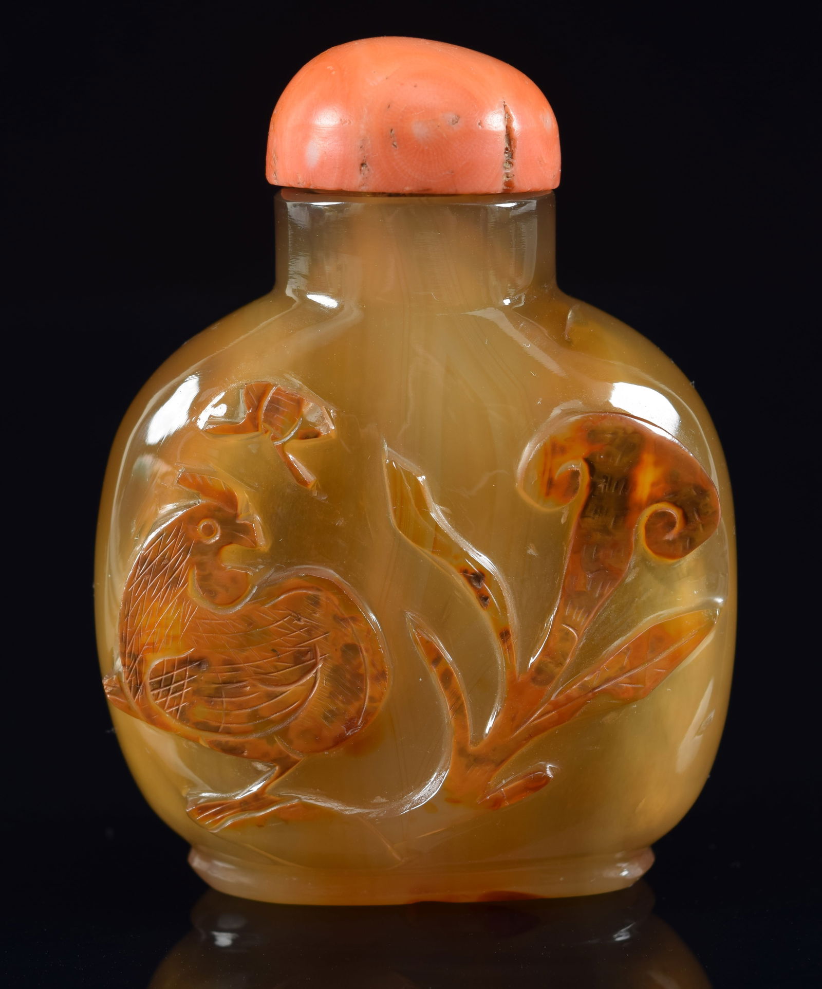 Shadow agate snuff bottle. China. 19th century. Surface carved with a cat and butterfly motif. Coral (1 of 5)