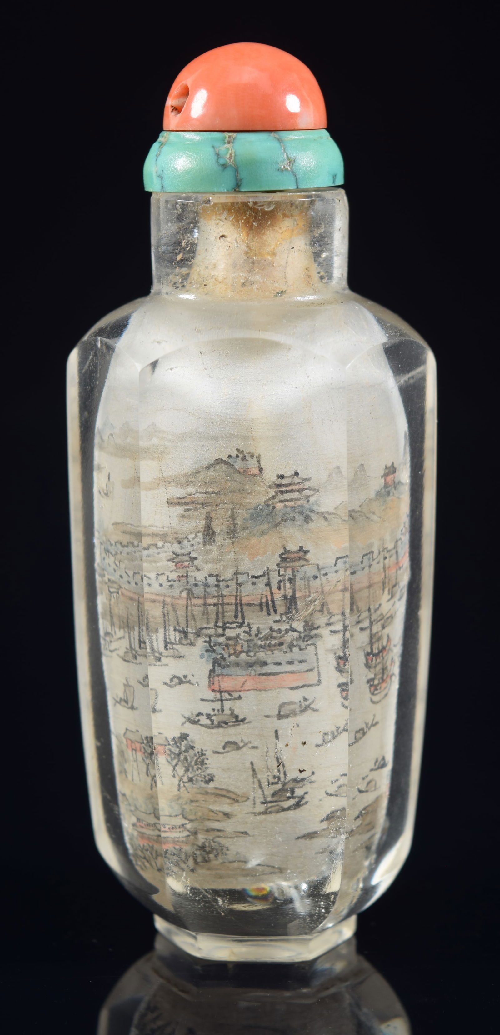 Interior painted rock crystal snuff bottle. China. 19th century. Facetted side. Scene of the port of (1 of 10)