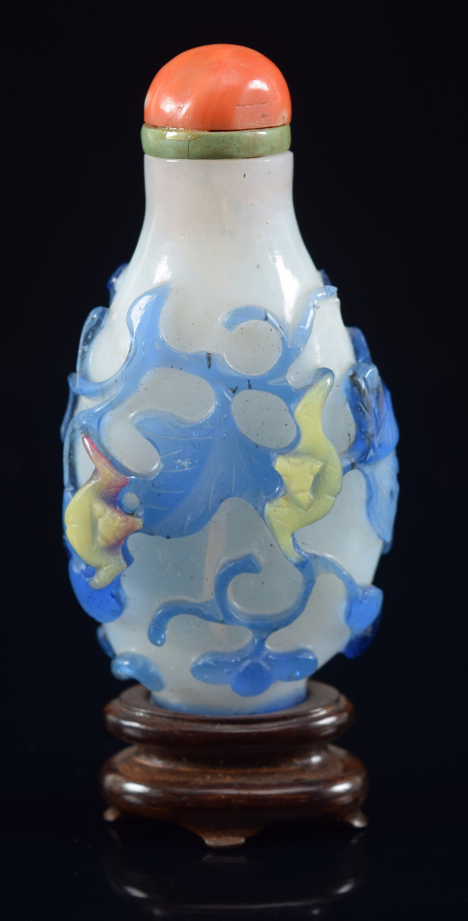 Cameo glass bottle. China. 19th century. Blue, yellow cut to white. Pattern of gourds and bats. (1 of 5)