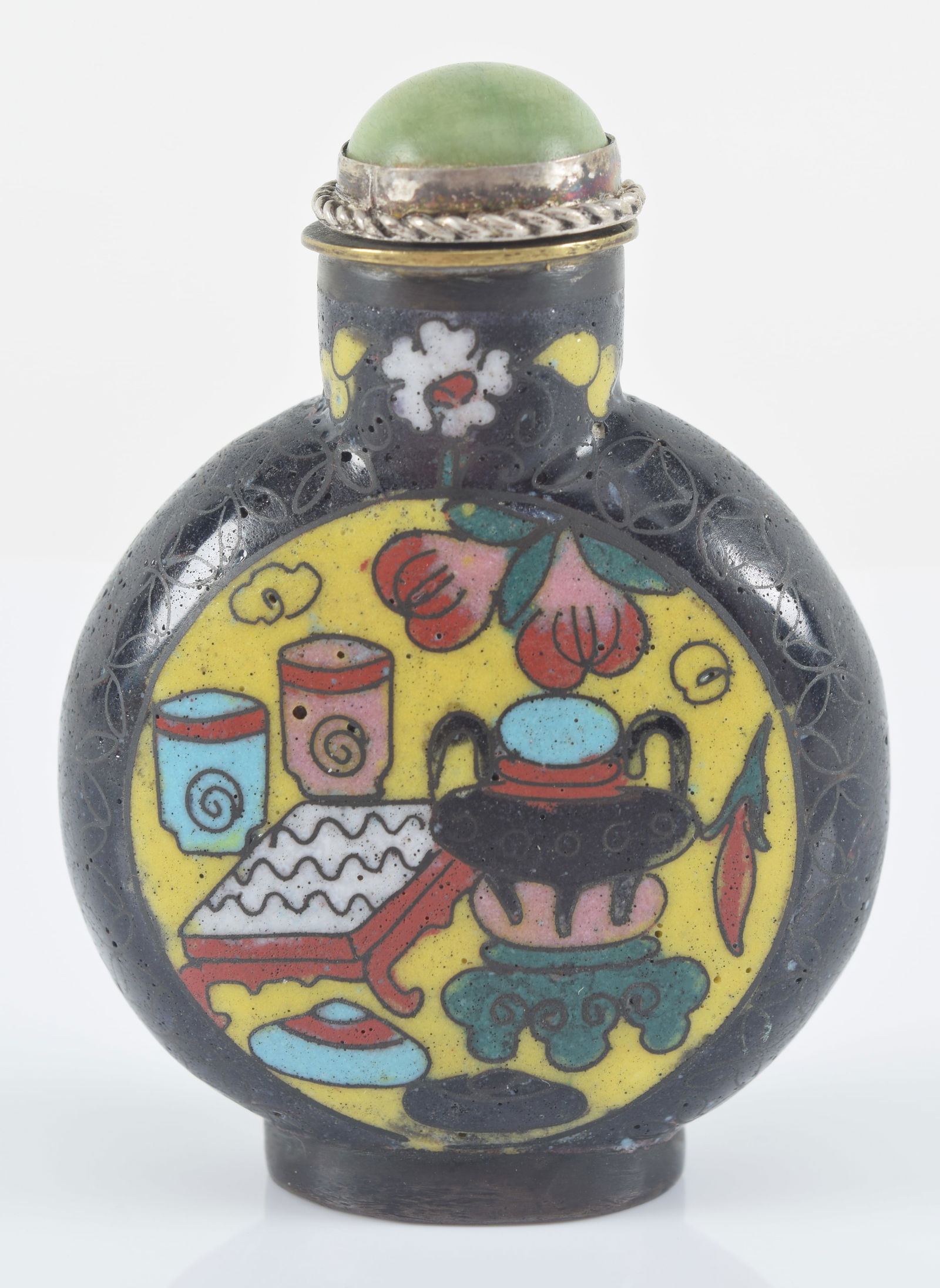 Cloisonne snuff bottle. China. 19th century. Motifs of the "Hundred Antiques" on yellow black (1 of 6)
