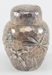 Dominick & Haff aesthetic sterling silver tea caddy. Relief decoration of flowers, beetles, and a: Dominick & Haff aesthetic sterling silver tea caddy. Relief decoration of flowers, beetles, and a dragonfly on a faceted honeycomb pattern ground. Marked on underside. 6.9 ozt. 4.5in high.