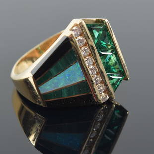 14K gold diamond mounted green stone, opal, and onyx ring by Bailey & Hotchkiss. Trillium cut green: 14K gold diamond mounted green stone, opal, and onyx ring by Bailey & Hotchkiss. Trillium cut green stones, probably tourmaline. Marked B and H and 14K. Ring size 5.75. 8.9 grams.