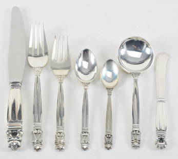 Georg Jensen 84 piece "Acorn" Danish sterling silver flatware service for 12. To include: 12 forks: Georg Jensen 84 piece "Acorn" Danish sterling silver flatware service for 12. To include: 12 forks (6.5in), 12 forks (7.25in), 12 butter knives (5.75in), 12 spoons (5.75in), 12 spoons (5in), 12 soup