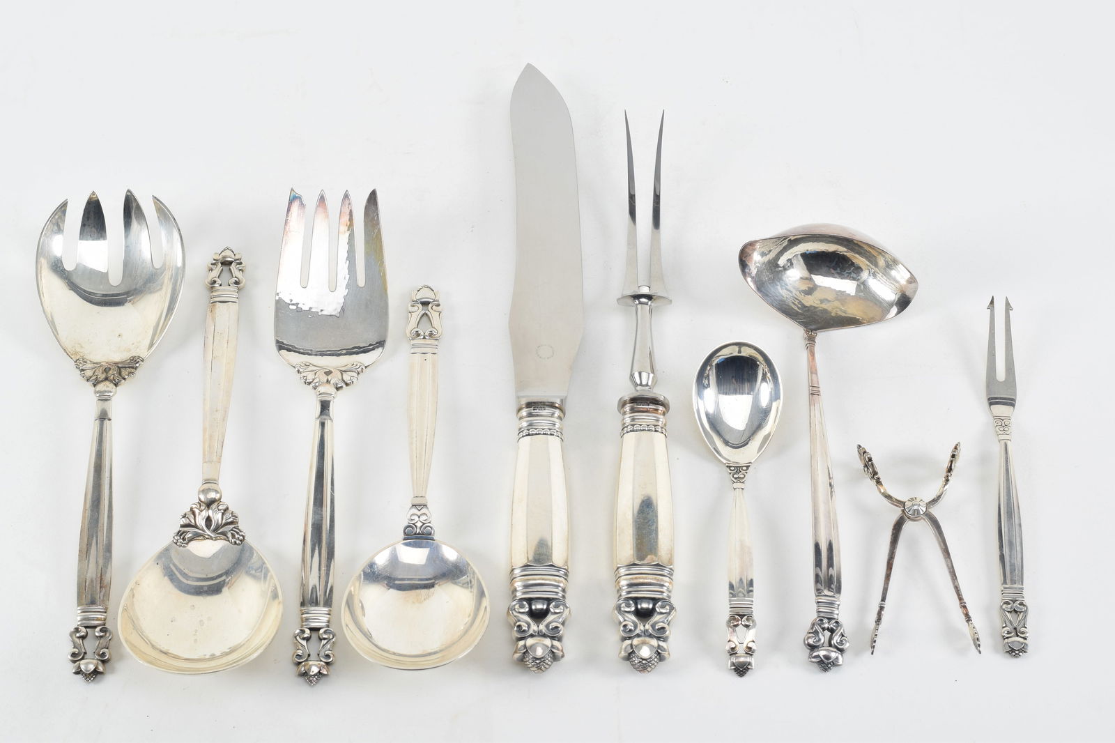 Georg Jensen "Acorn" Danish sterling silver serving pieces. To include: 2-piece carving set, ladle, (1 of 7)
