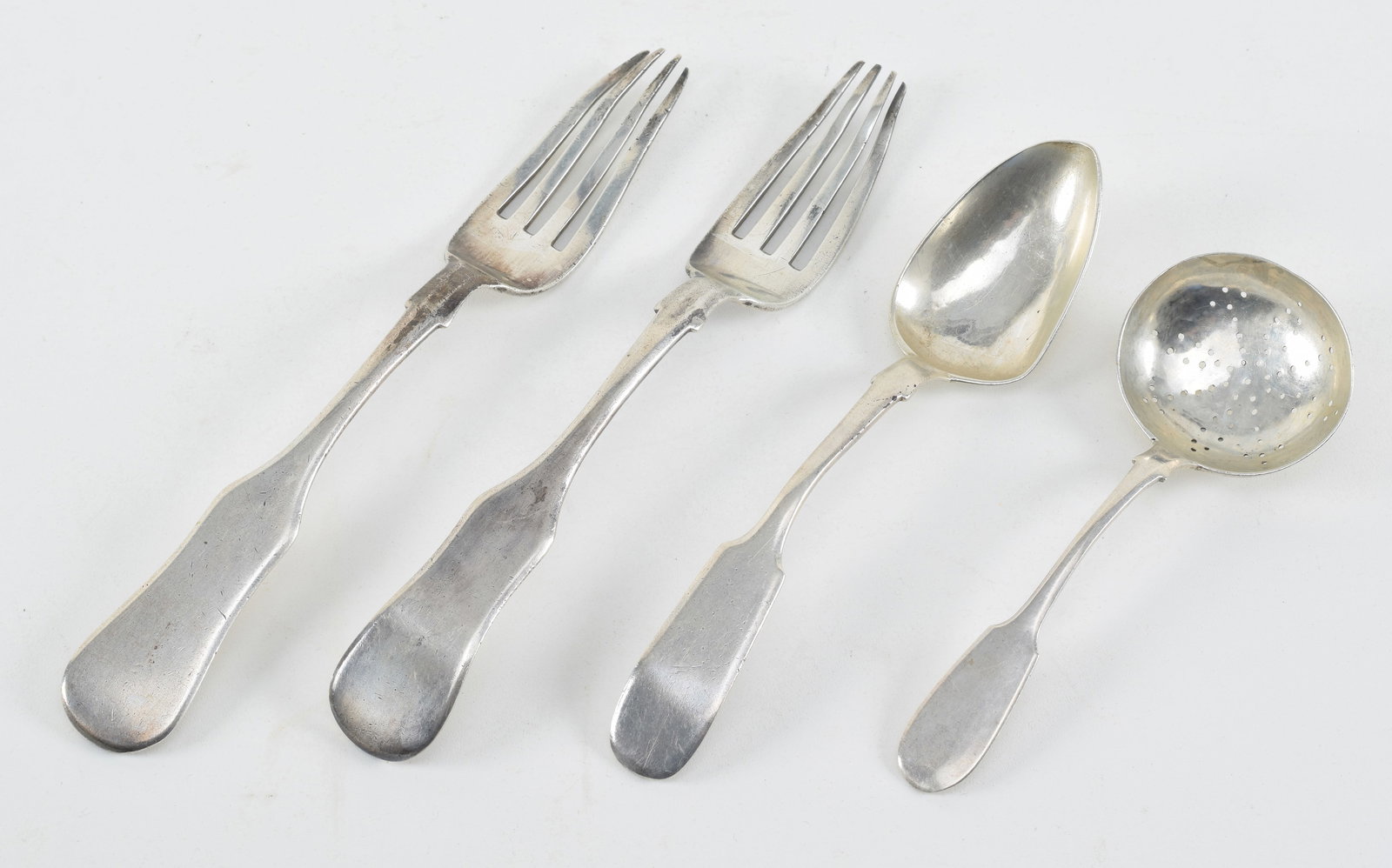 19th century Russian silver utensils. 2 forks, slotted spoon, and tablespoon. Various late (1 of 3)