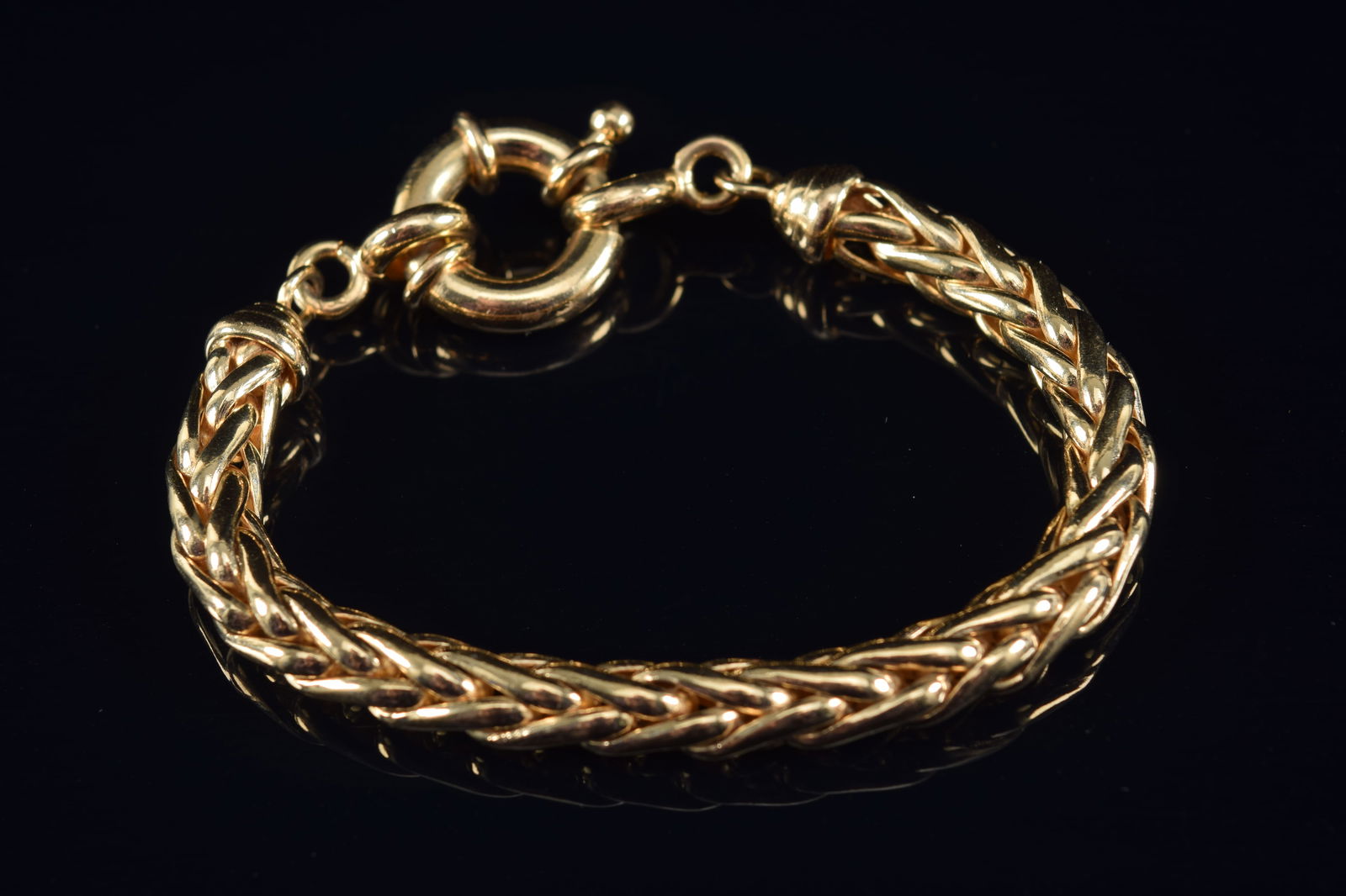 Heavy 18K gold palma chain bracelet. Large hoop clasp. Marked 750. 7in length. 25.8 grams. (1 of 5)