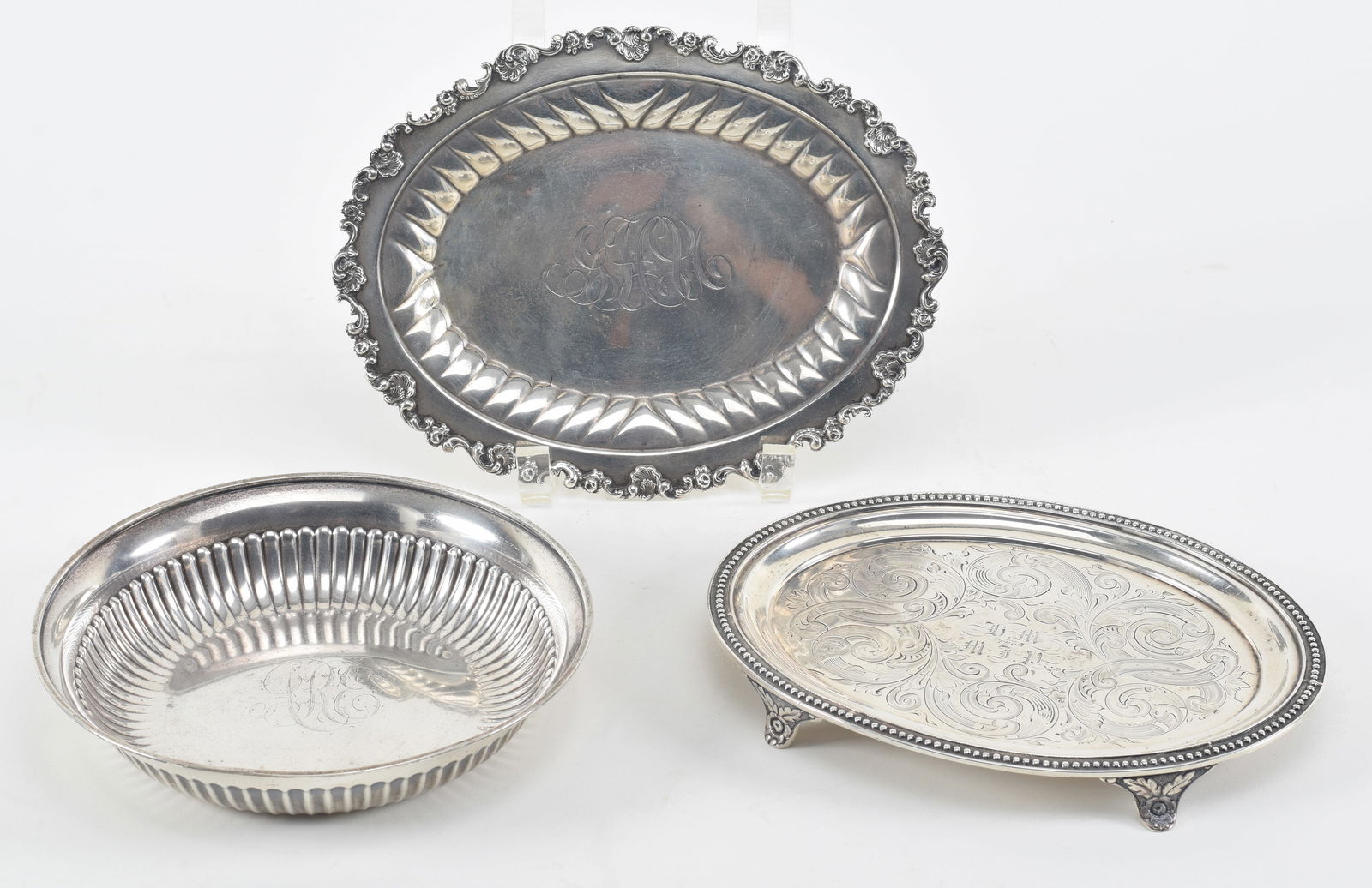 3 sterling silver trays. 1) Whiting ribbed bowl. Monogrammed. 7in diameter. 2) N. Harding & Co. (1 of 9)