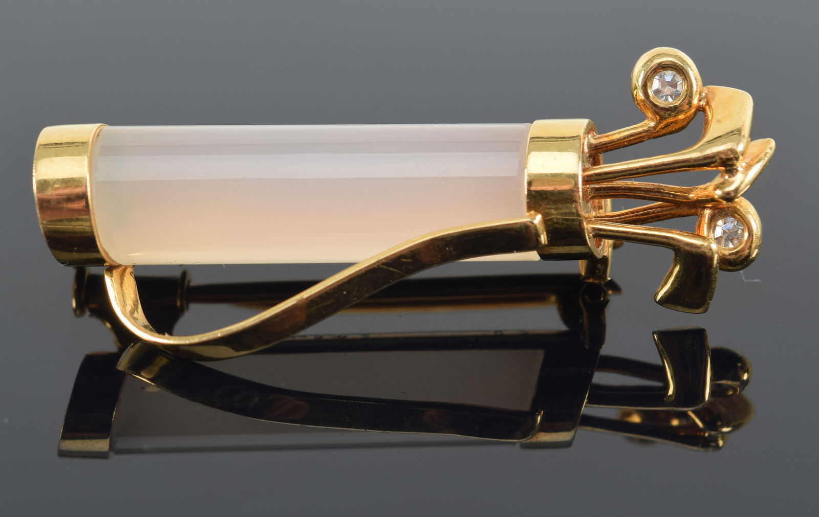 Cartier 18K gold diamond and chalcedony golf bag form pin. 2 small round cut diamonds (about 1.2mm (1 of 5)