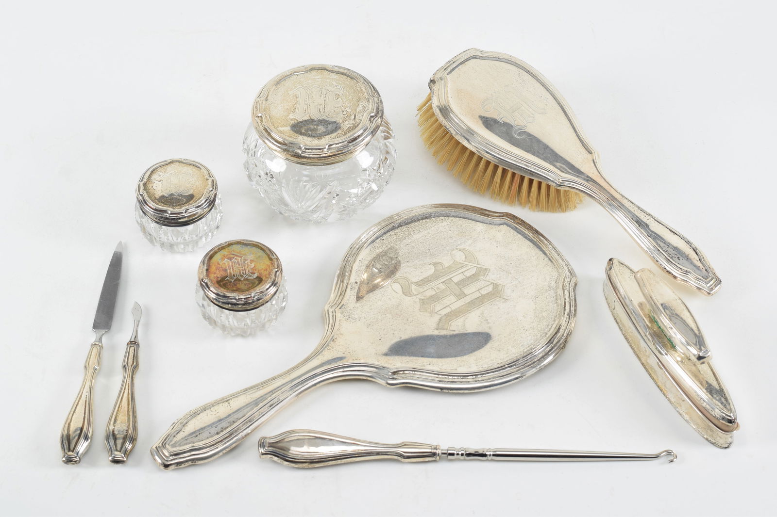 Robert Wallace 9 piece Sterling silver dresser set with monogram "M". Including mirror, brush, cover (1 of 5)
