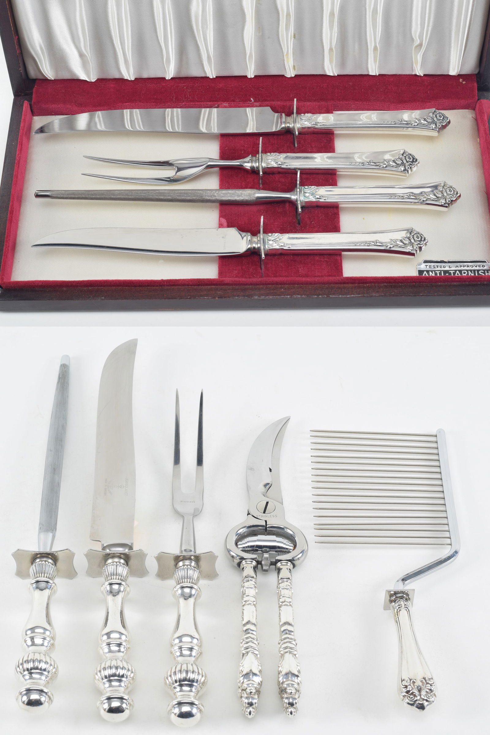 9 Piece Sterling silver handled serving pieces including a cased carving set by Oneida, an unmarked (1 of 8)